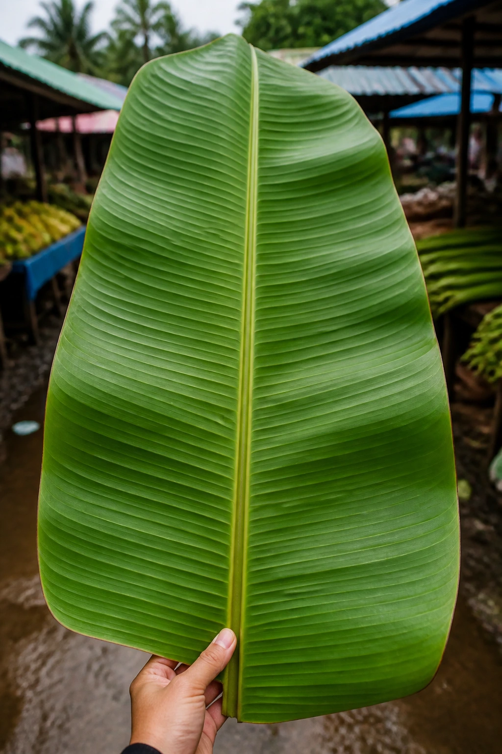 Banana Leaves For Cooking: Here's All You Need To Know 3 Single large banana leaf centered with a tropical market background