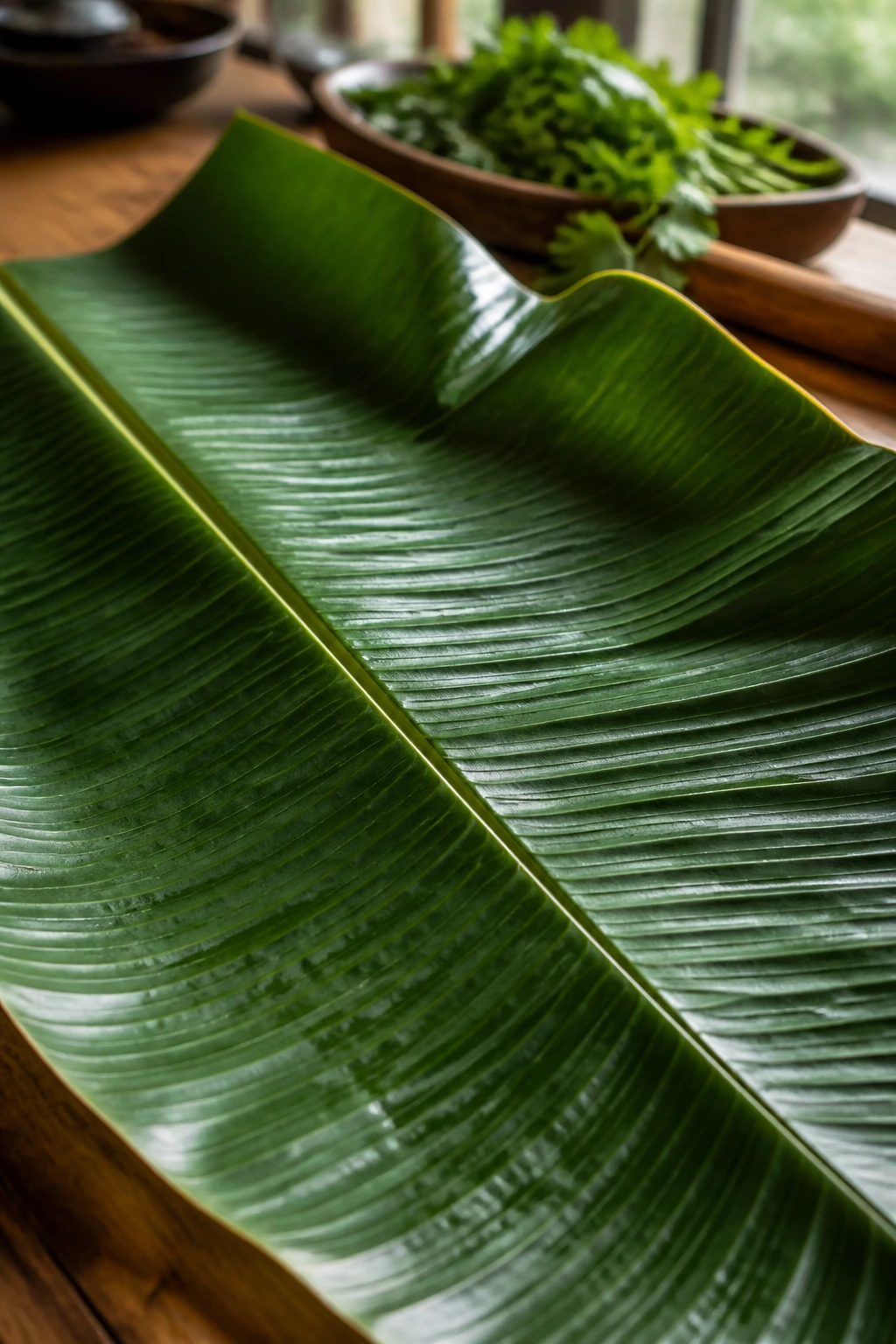 Banana Leaves For Cooking: Here's All You Need To Know 8 Close-up of a vibrant green banana leaf filling the frame in a kitchen