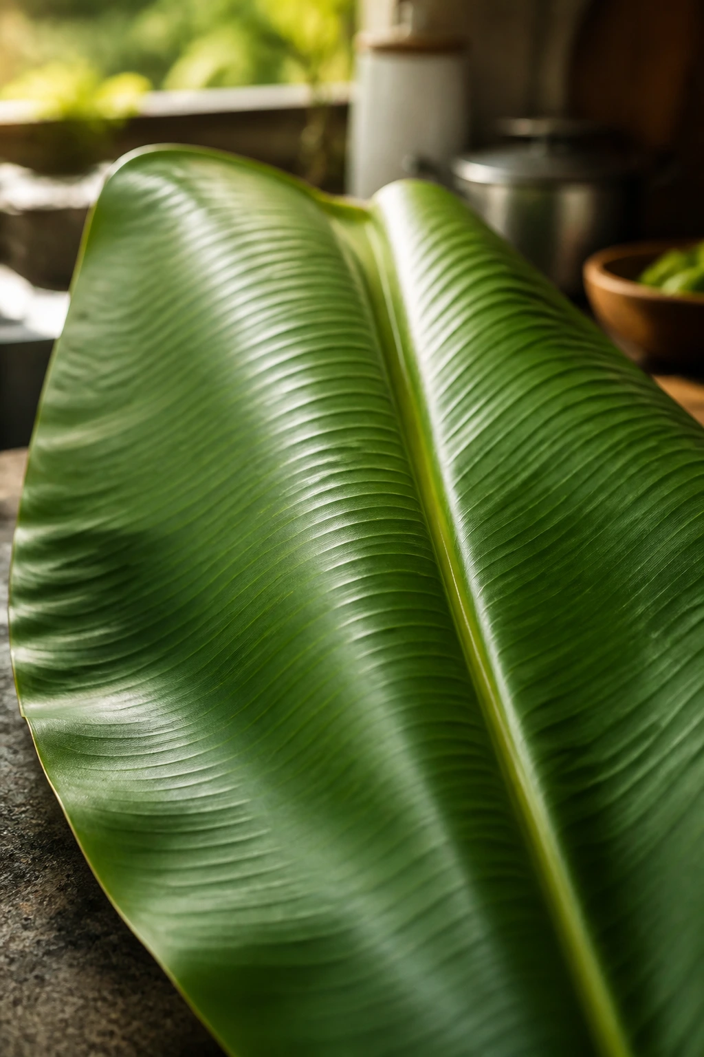 Banana Leaves For Cooking: Here's All You Need To Know 4 Close-up of a bright green banana leaf with a smooth surface