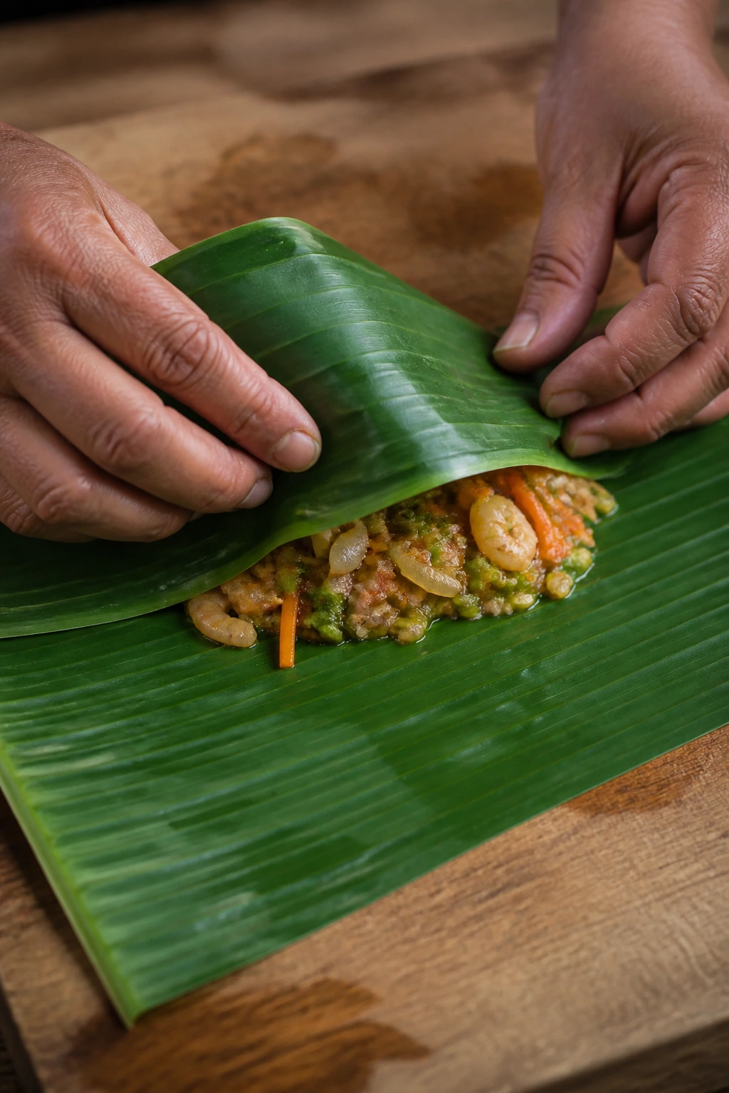 Banana Leaves For Cooking: Here's All You Need To Know 6 Banana leaf mid-fold with visible veins on a wooden counter