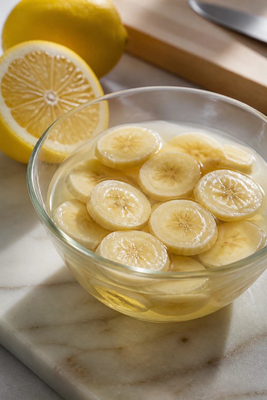 Banana slices soaking in lemon juice to slow browning