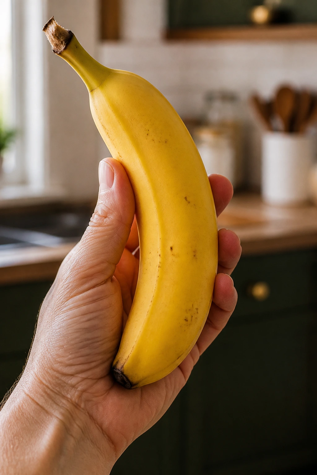 Are Bananas Good For Arthritis? Benefits, Effects & More 5 Hand holding ripe banana in front of a blurred kitchen background