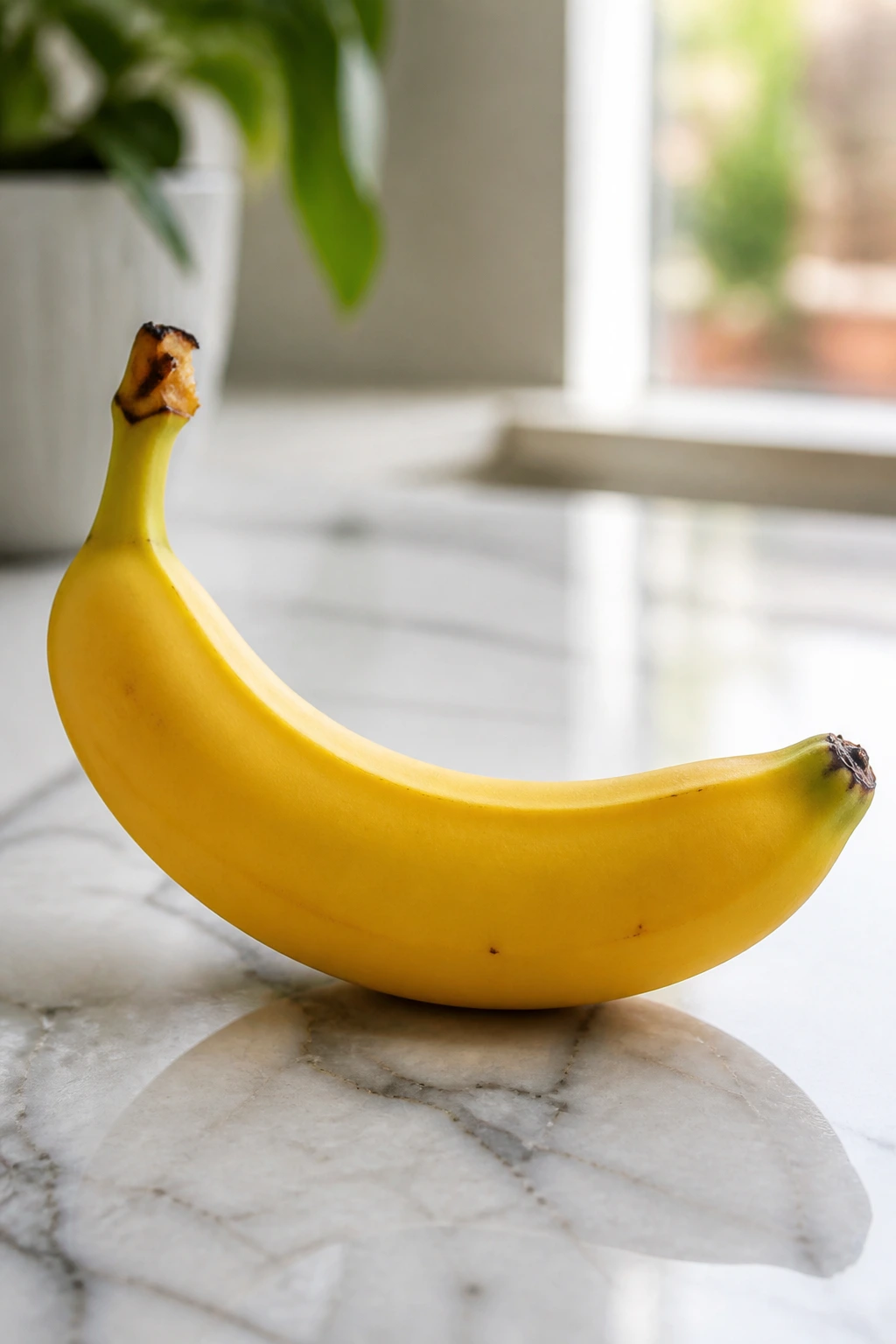 10 Surprising Benefits Of Bananas Sexually (Better In Bed) 9 Single yellow banana on marble countertop with daylight