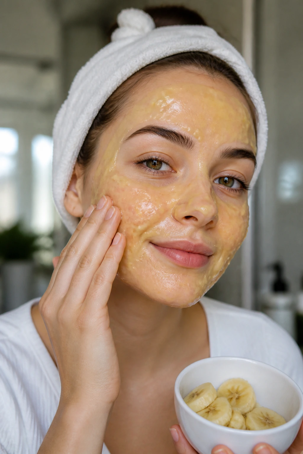The 12 Incredible Benefits of Using Banana Face Masks 3 Close-up of a real person wearing a banana-based mask to combat acne