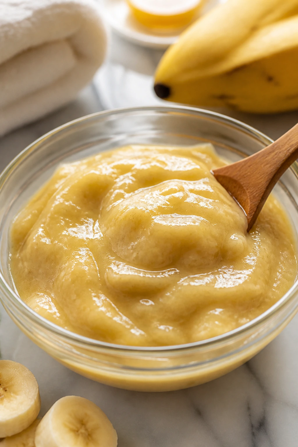 The 12 Incredible Benefits of Using Banana Face Masks 13 Close-up of thick banana-based facial mask in a glass bowl on marble counter