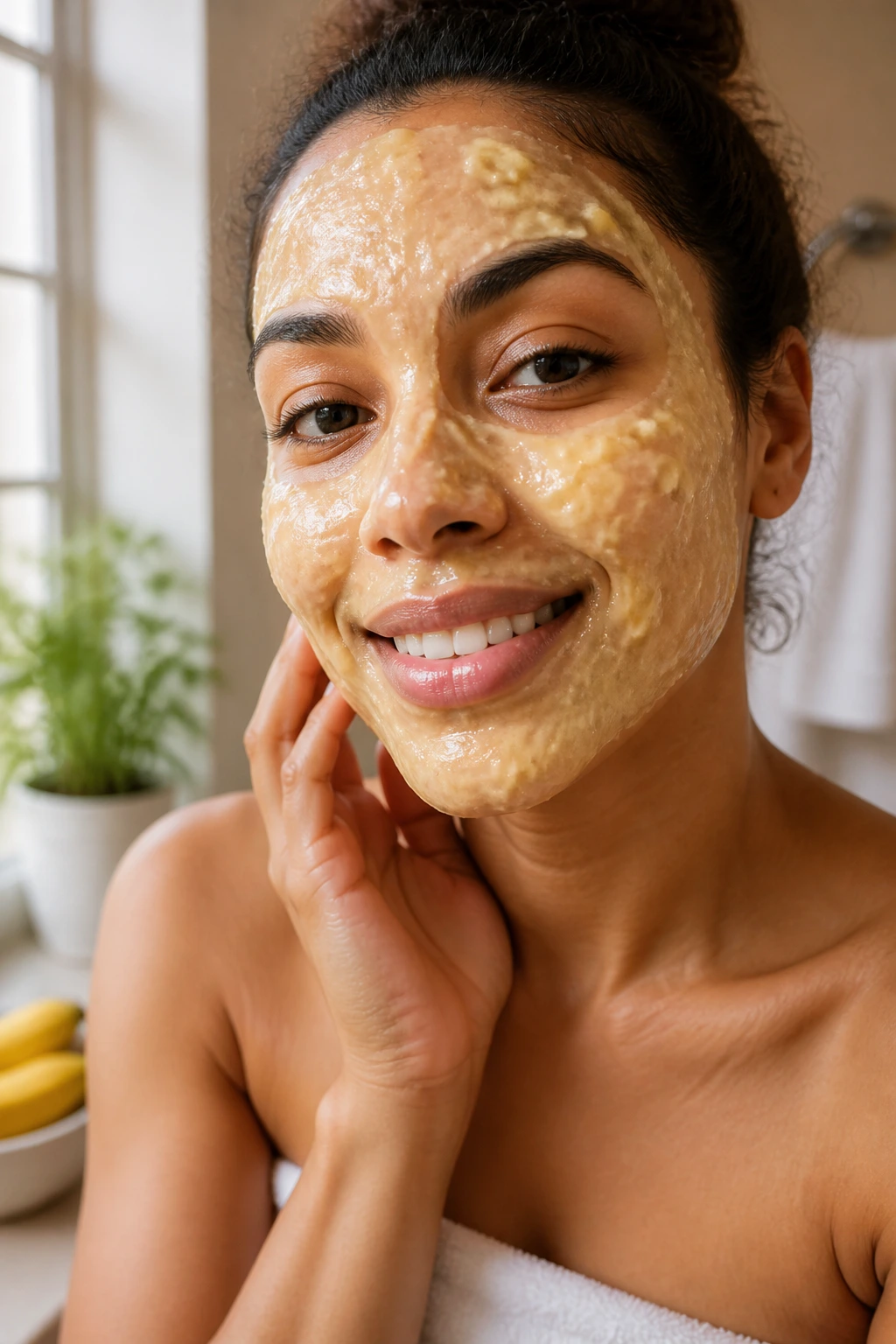 The 12 Incredible Benefits of Using Banana Face Masks 4 Close-up of a real person with a banana mask, brightened, glowing skin