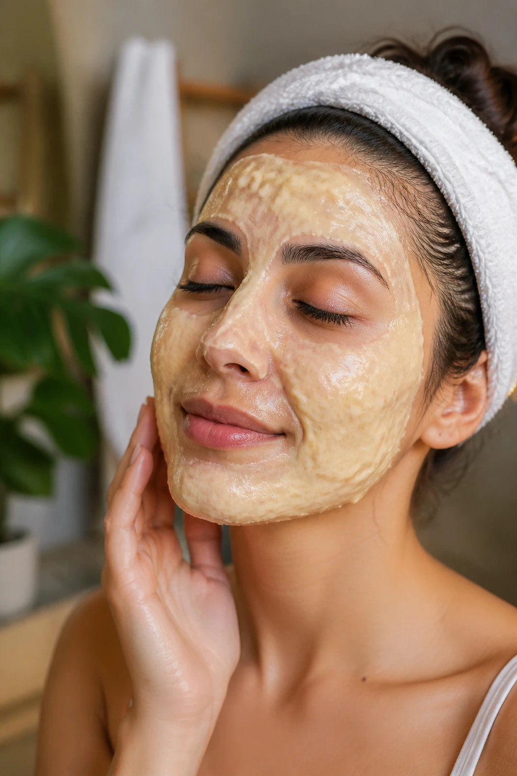 The 12 Incredible Benefits of Using Banana Face Masks 5 Close-up of a real person wearing a banana mask with visibly minimized pores