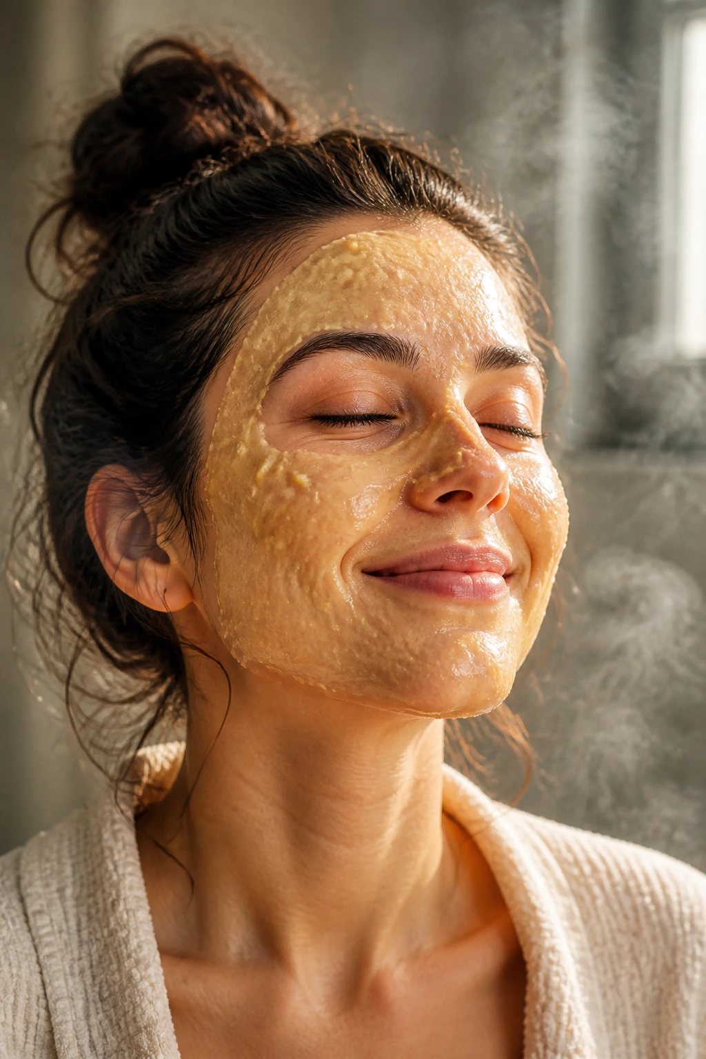 The 12 Incredible Benefits of Using Banana Face Masks 1 Close-up of a real woman's face with a banana-based mask showing deep moisturization