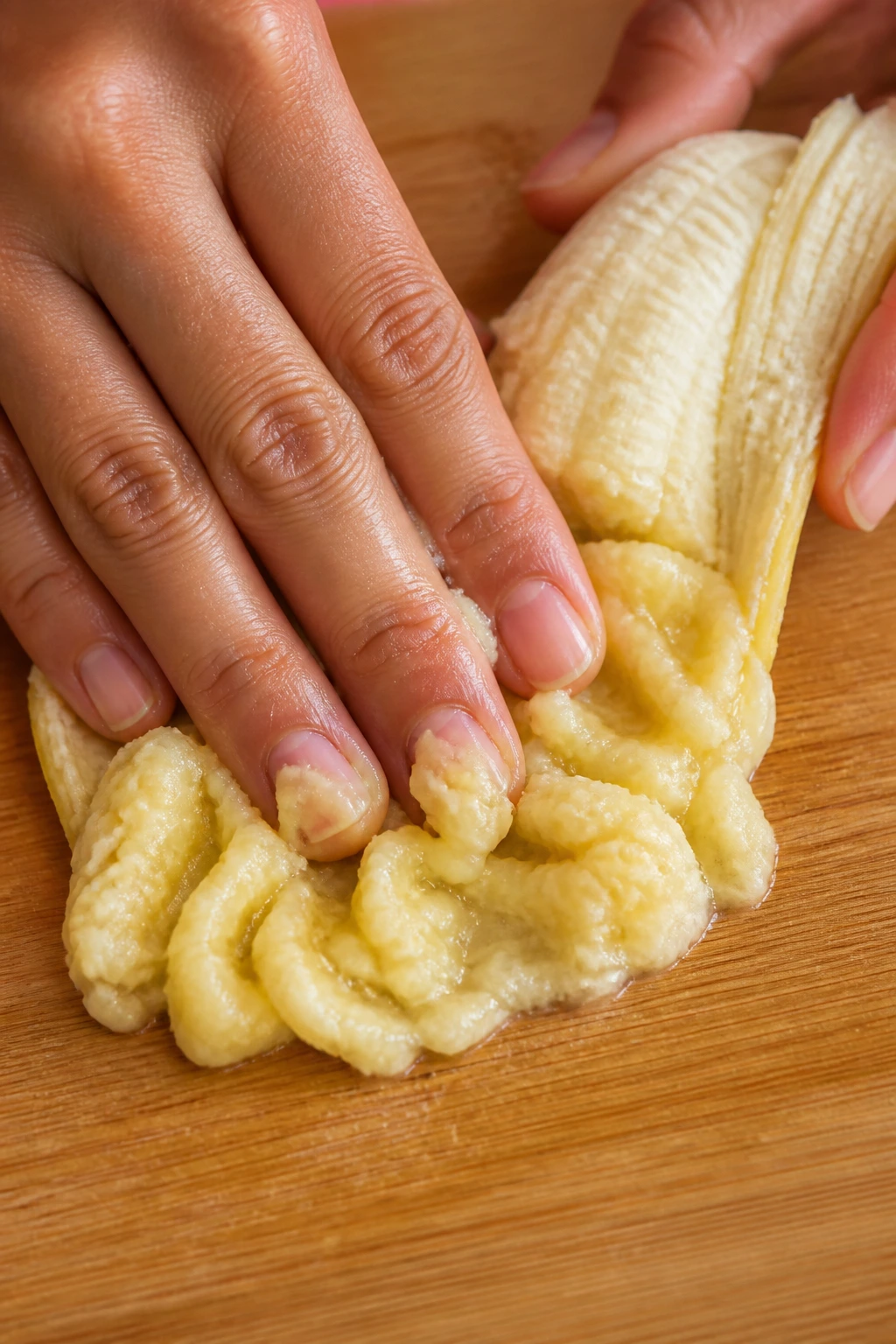 Peeled banana being mashed by fingers on a wooden surface.