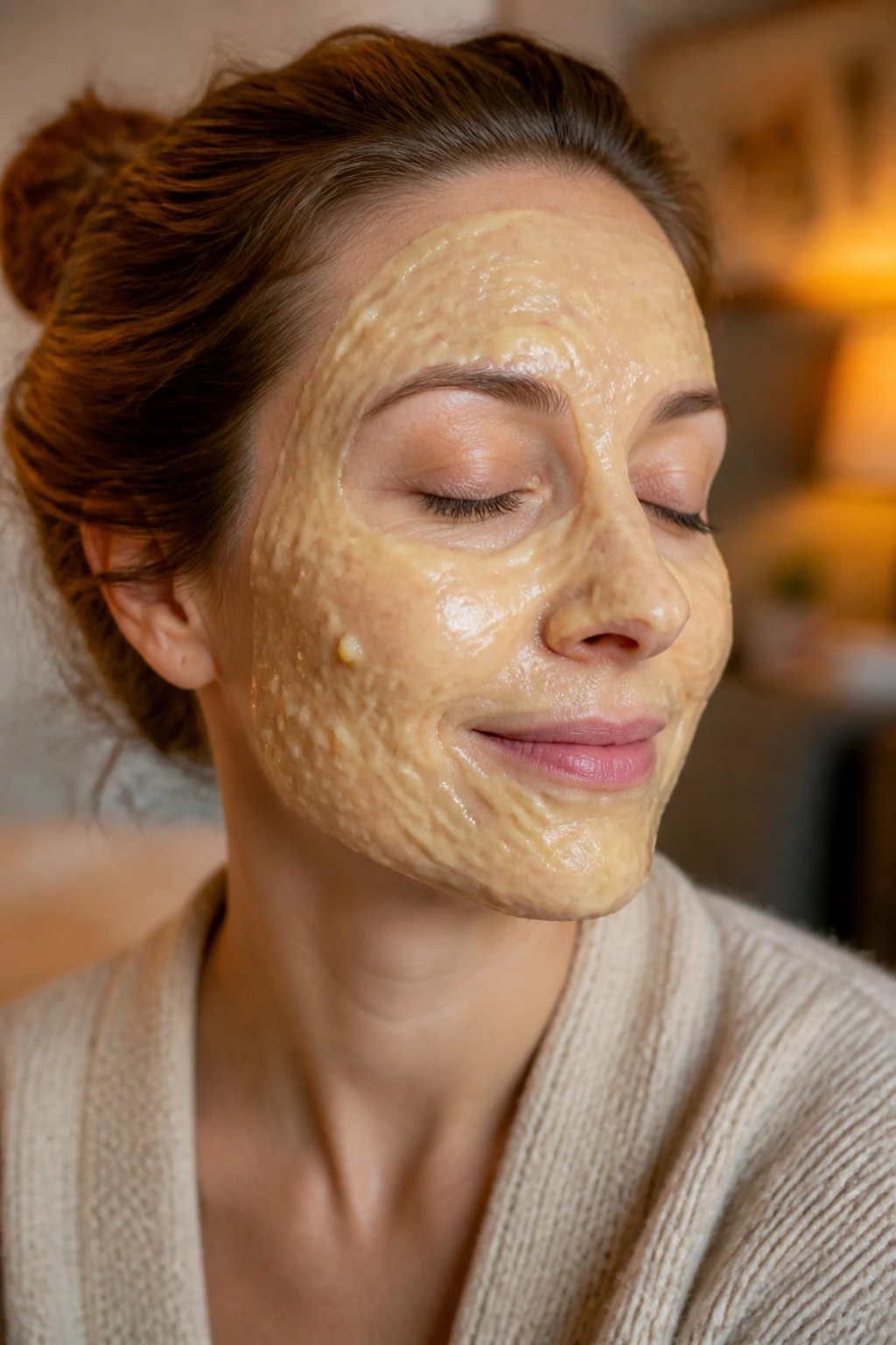 The 12 Incredible Benefits of Using Banana Face Masks 6 Close-up of a real person wearing a banana mask with softened wrinkles