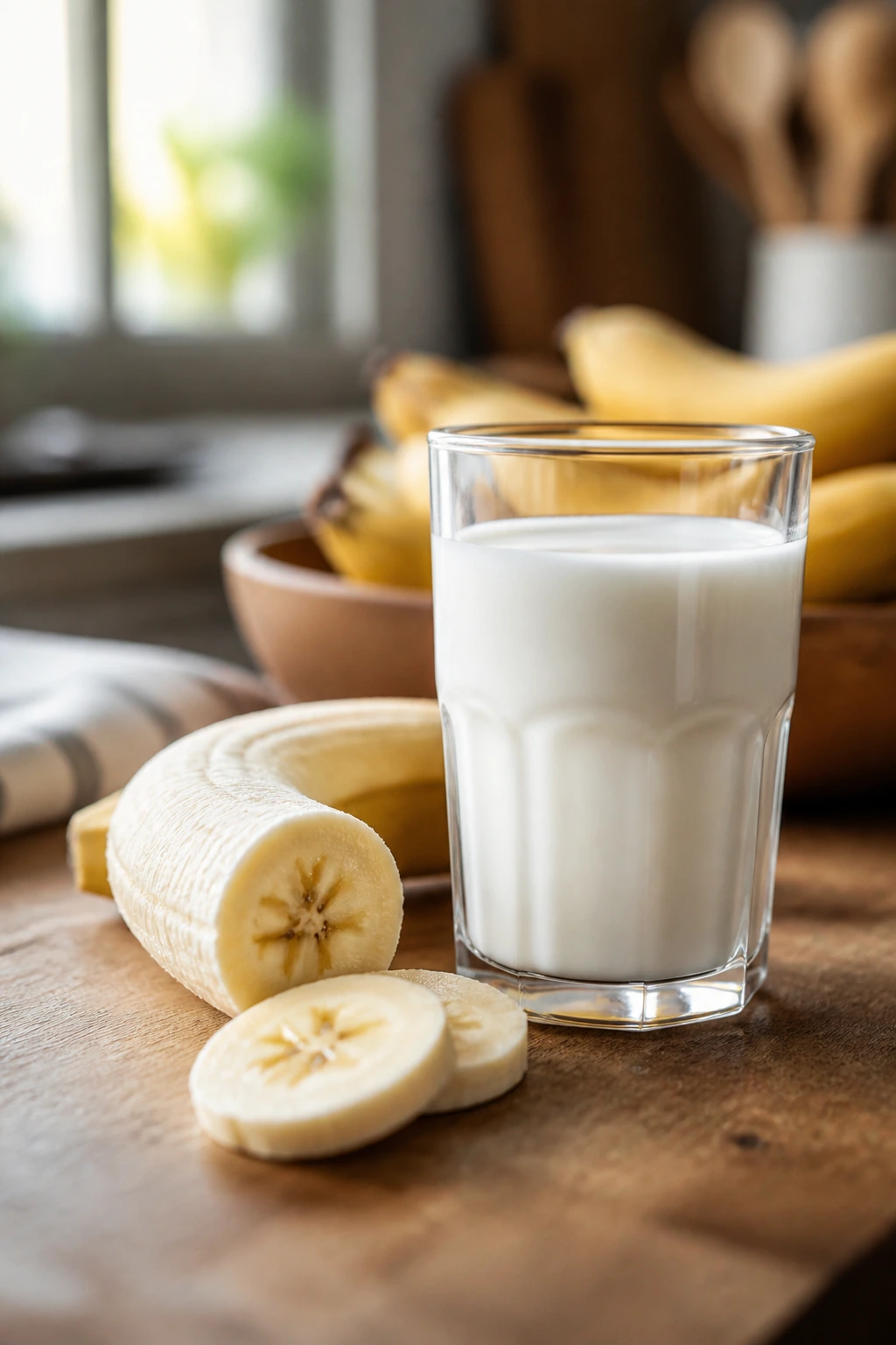 10 Health Benefits Of Eating Banana With Milk At Night 3 Banana with milk close-up on a kitchen counter highlighting digestion benefits