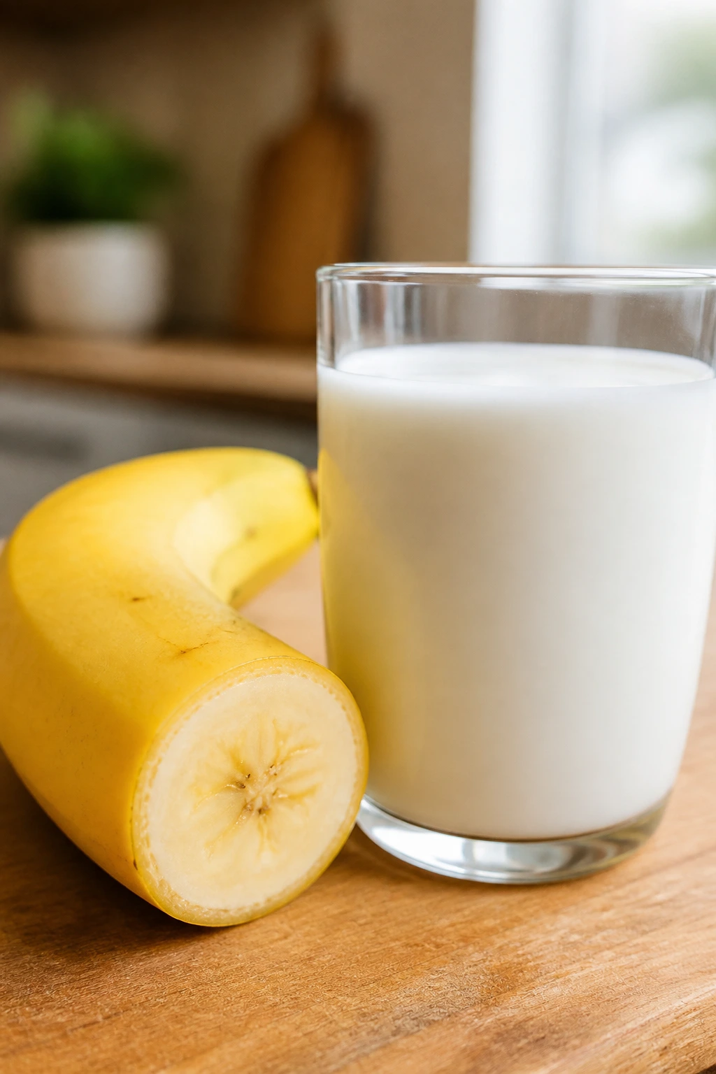 10 Health Benefits Of Eating Banana With Milk At Night 7 Close-up of banana half and milk glass on warm counter signaling an energy-boosting snack