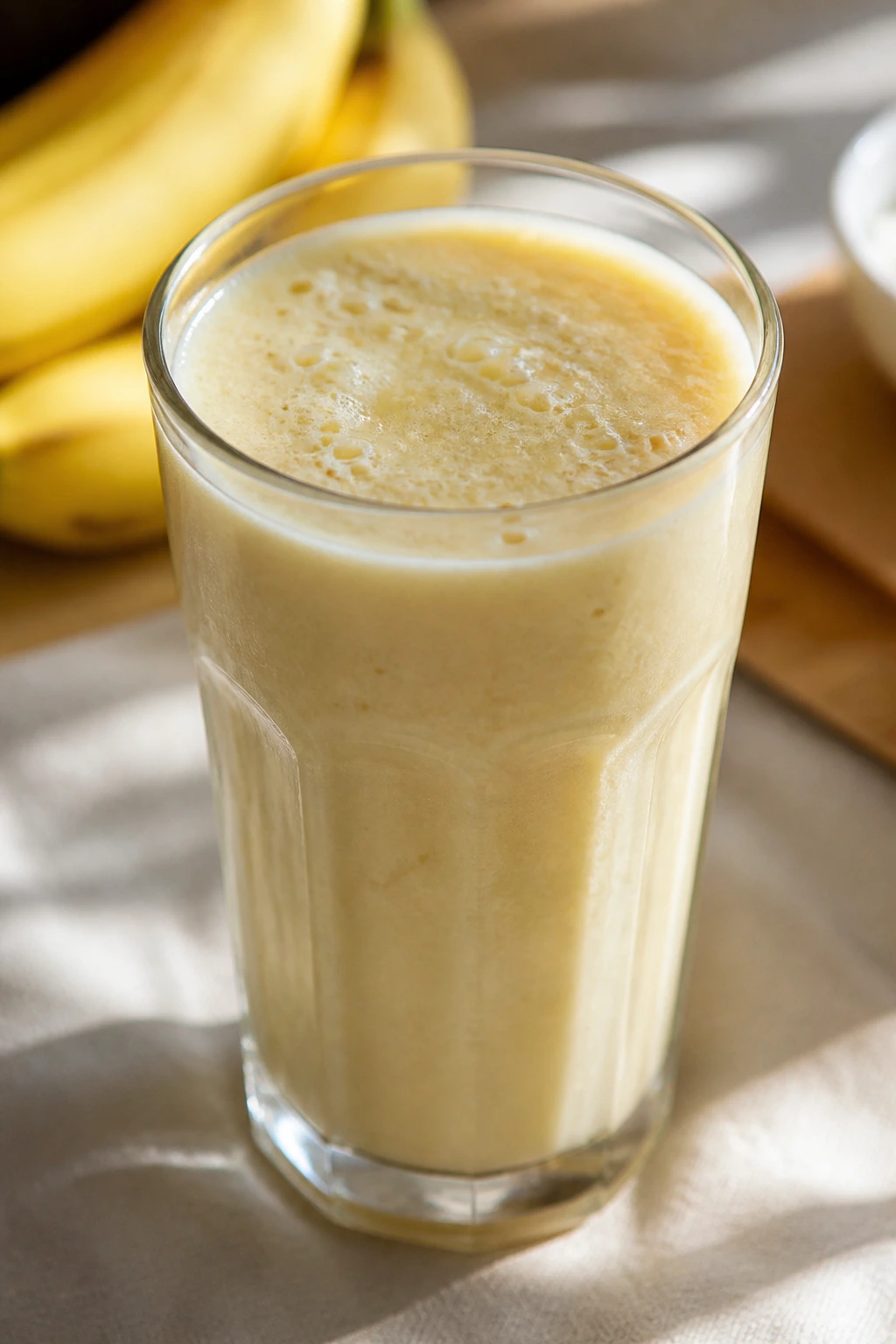 What Does Banana Milk Taste Like? 3 Close-up of banana milk in a glass on a sunlit breakfast table
