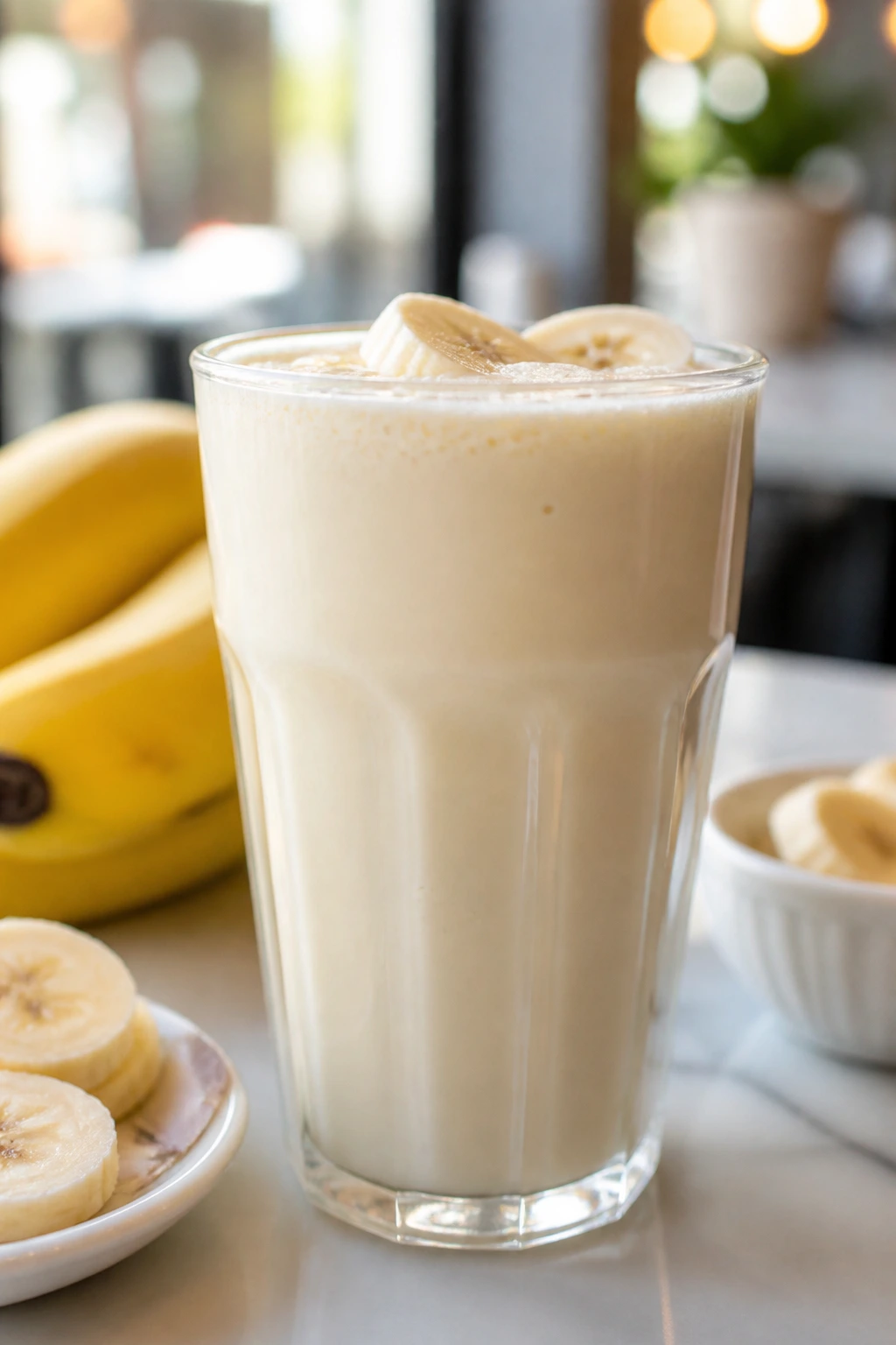 What Does Banana Milk Taste Like? 2 Close-up of banana milk in a glass on a cafe table with soft lighting