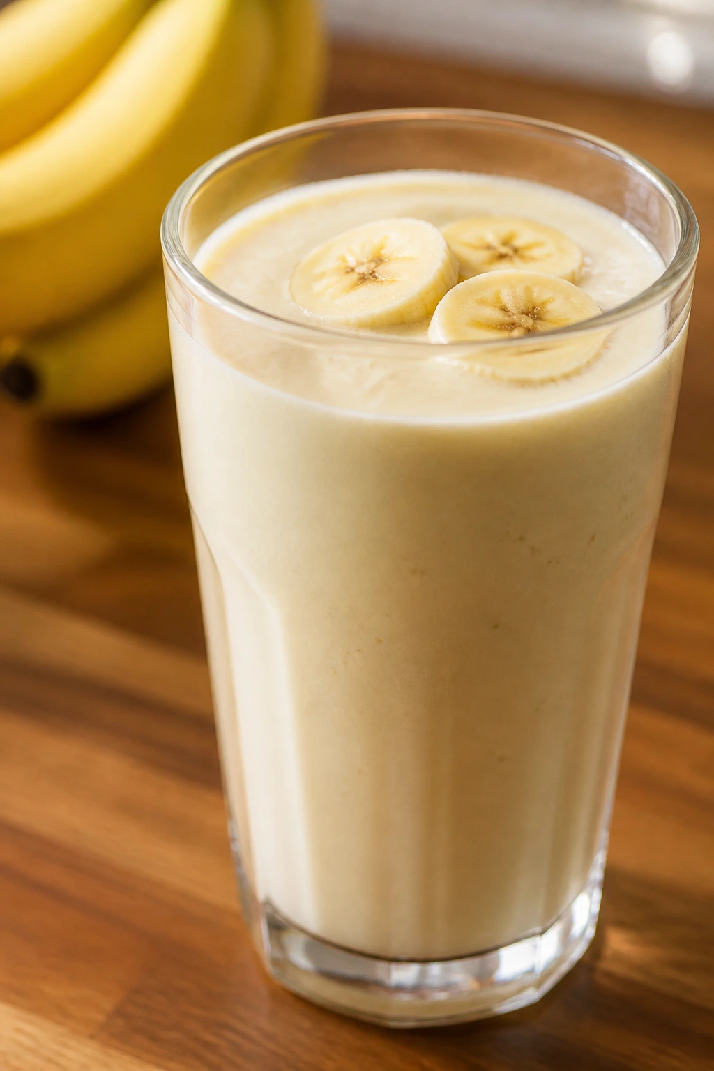 What Does Banana Milk Taste Like? 1 Close-up of a glass of banana milk on a wooden counter with natural daylight