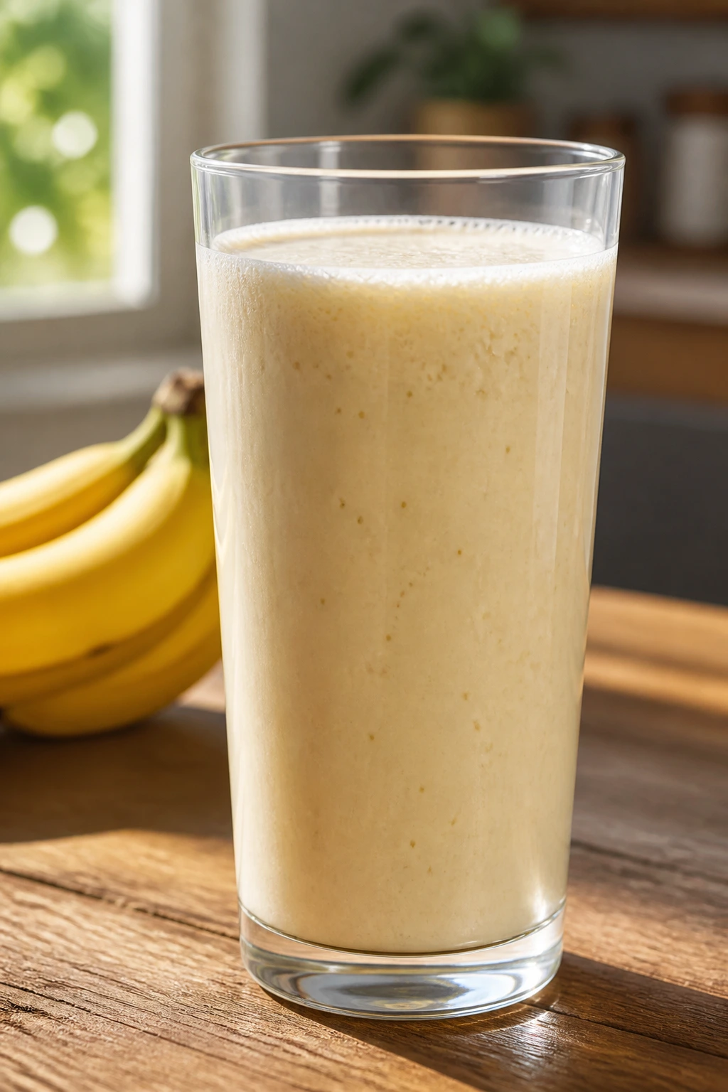 What Does Banana Milk Taste Like? 5 Close-up of banana milk in a glass on a kitchen counter