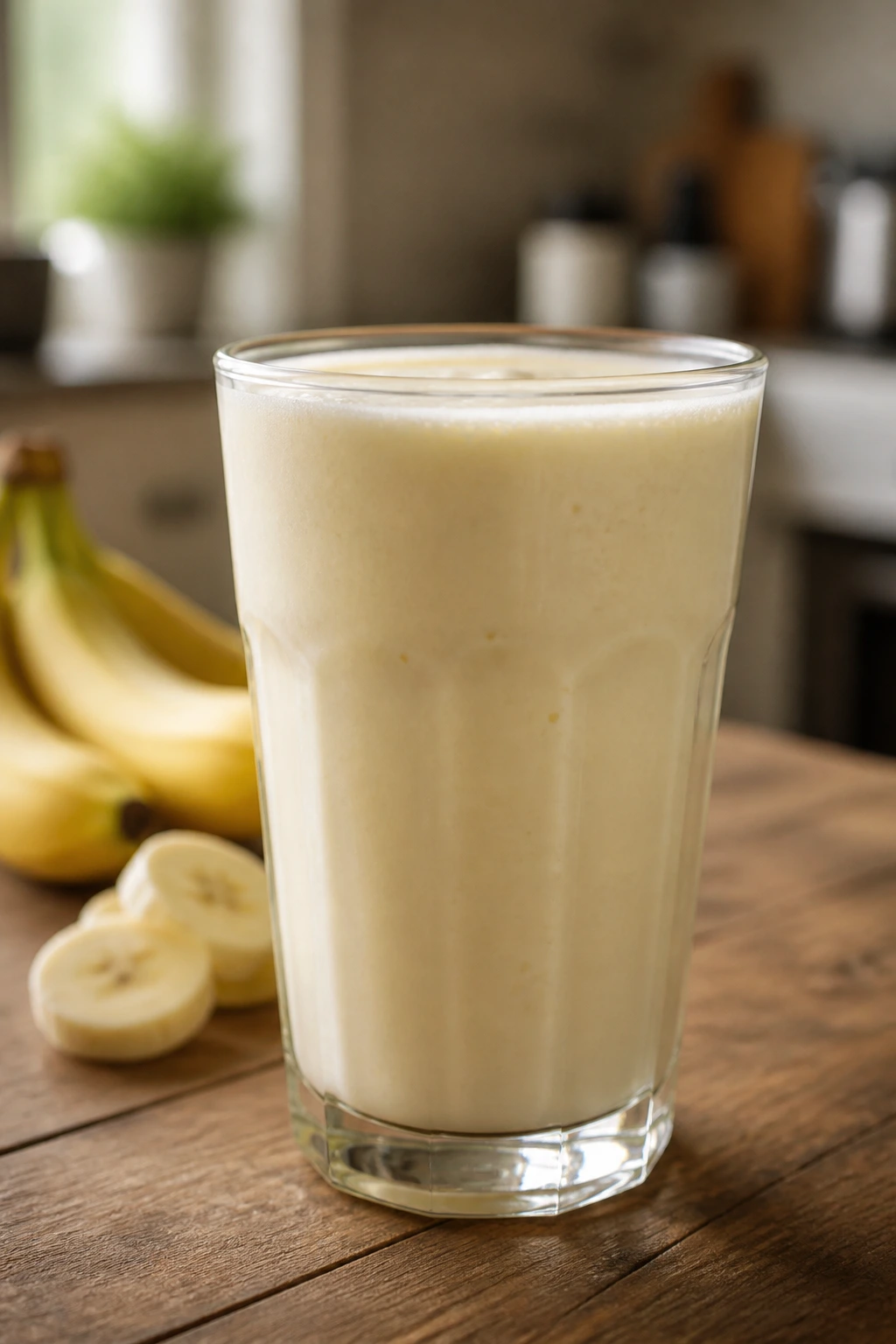 What Does Banana Milk Taste Like? 6 Banana milk in a glass on a wooden table with natural light