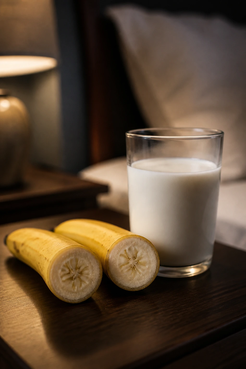 10 Health Benefits Of Eating Banana With Milk At Night 1 Close-up of banana halves with a glass of milk on a bedside surface for night-time health benefits