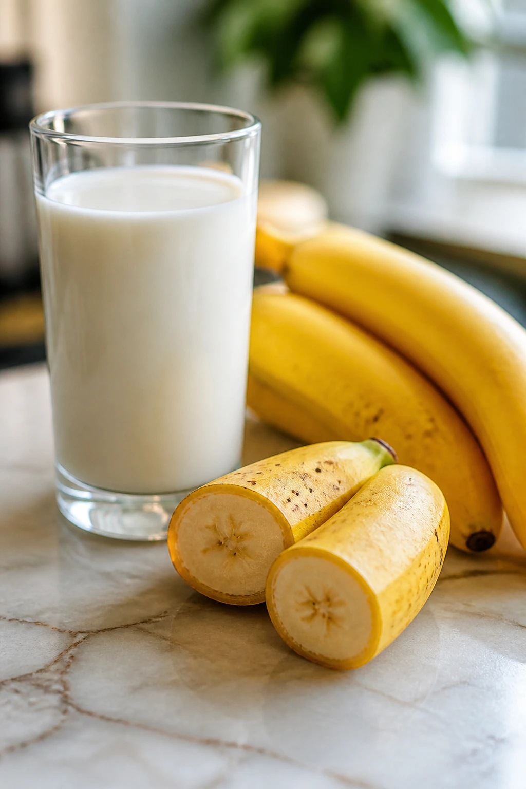 10 Health Benefits Of Eating Banana With Milk At Night 6 Banana with milk on a sunny counter highlighting nutrient absorption
