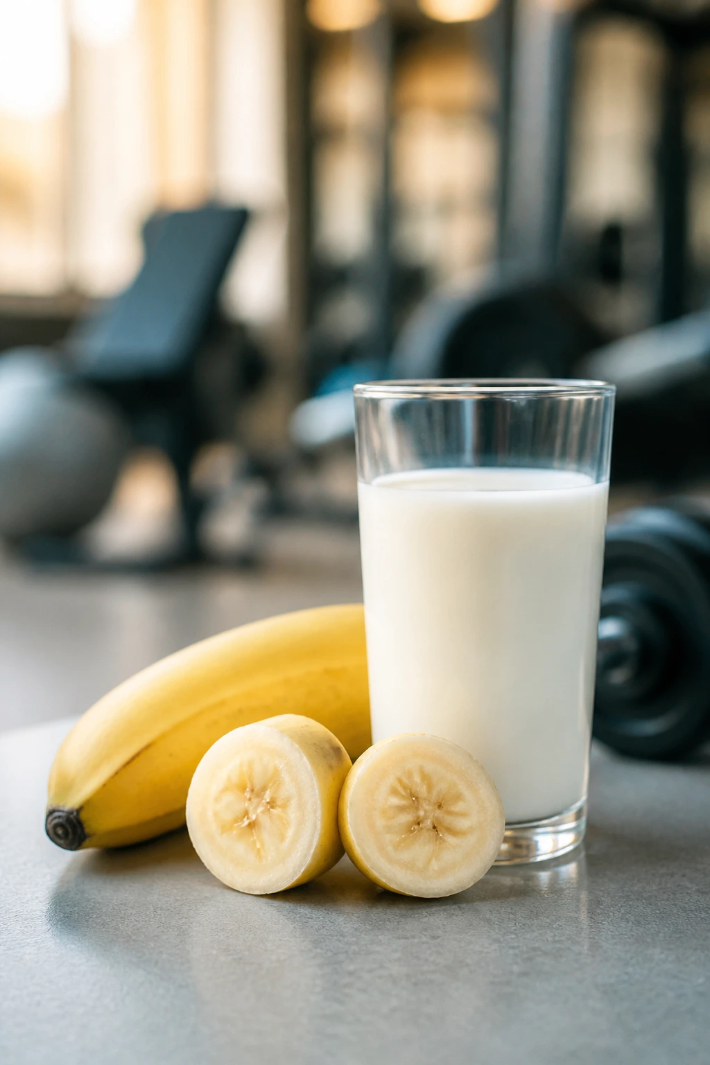 10 Health Benefits Of Eating Banana With Milk At Night 5 Banana with milk in a post-workout setting highlighting muscle recovery