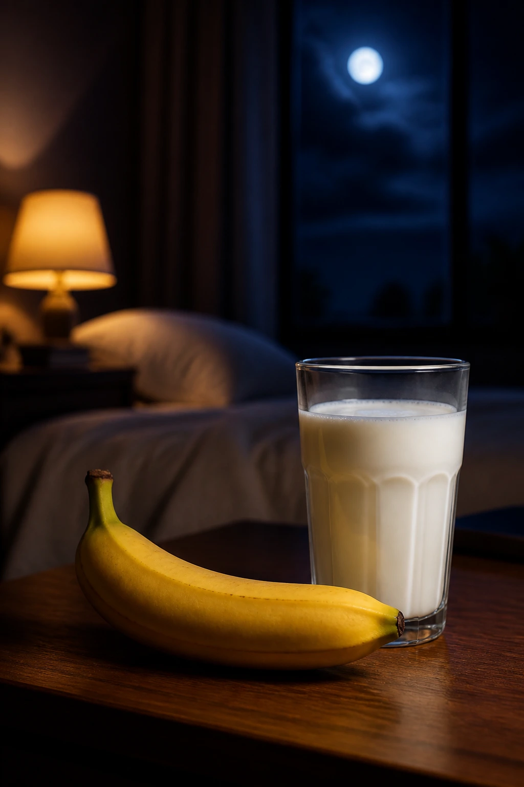 10 Health Benefits Of Eating Banana With Milk At Night 2 Close-up of banana with milk in a dim bedroom setting for sleep benefits