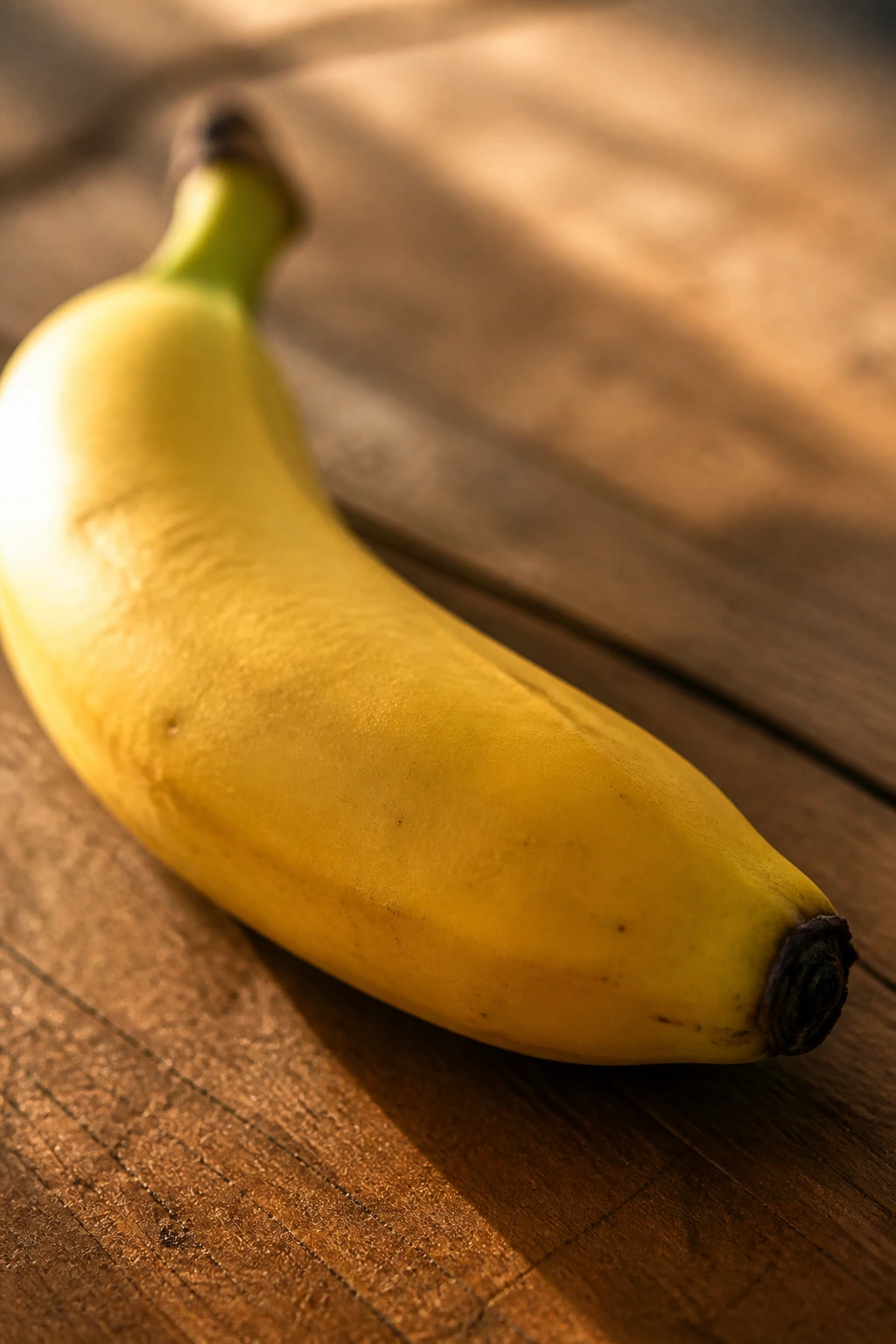 Close-up of a ripe banana on a warm wooden table with soft morning light