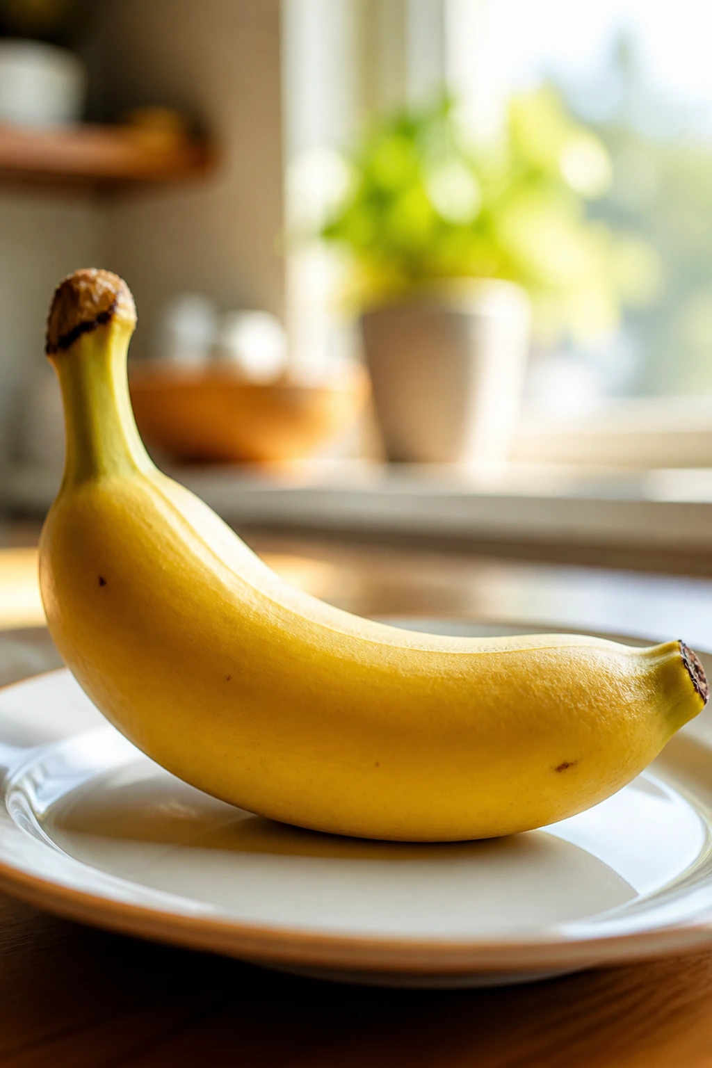 Close-up of a ripe banana filling the frame with warm morning kitchen light