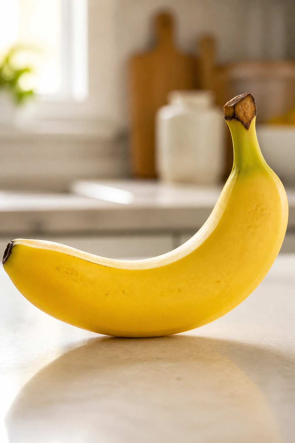 Close-up of a ripe banana dominating the frame in a bright kitchen