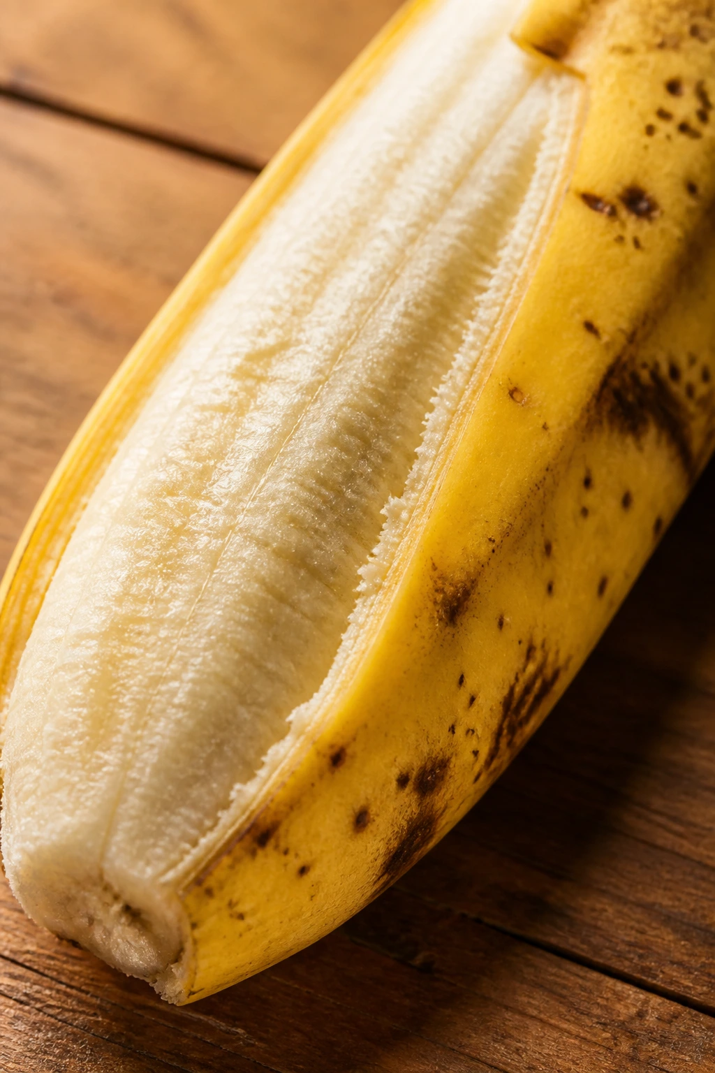 Bananas and Nausea: Do Bananas Cause Mucus? 4 Close-up of a ripe banana on a warm wooden surface under natural light.