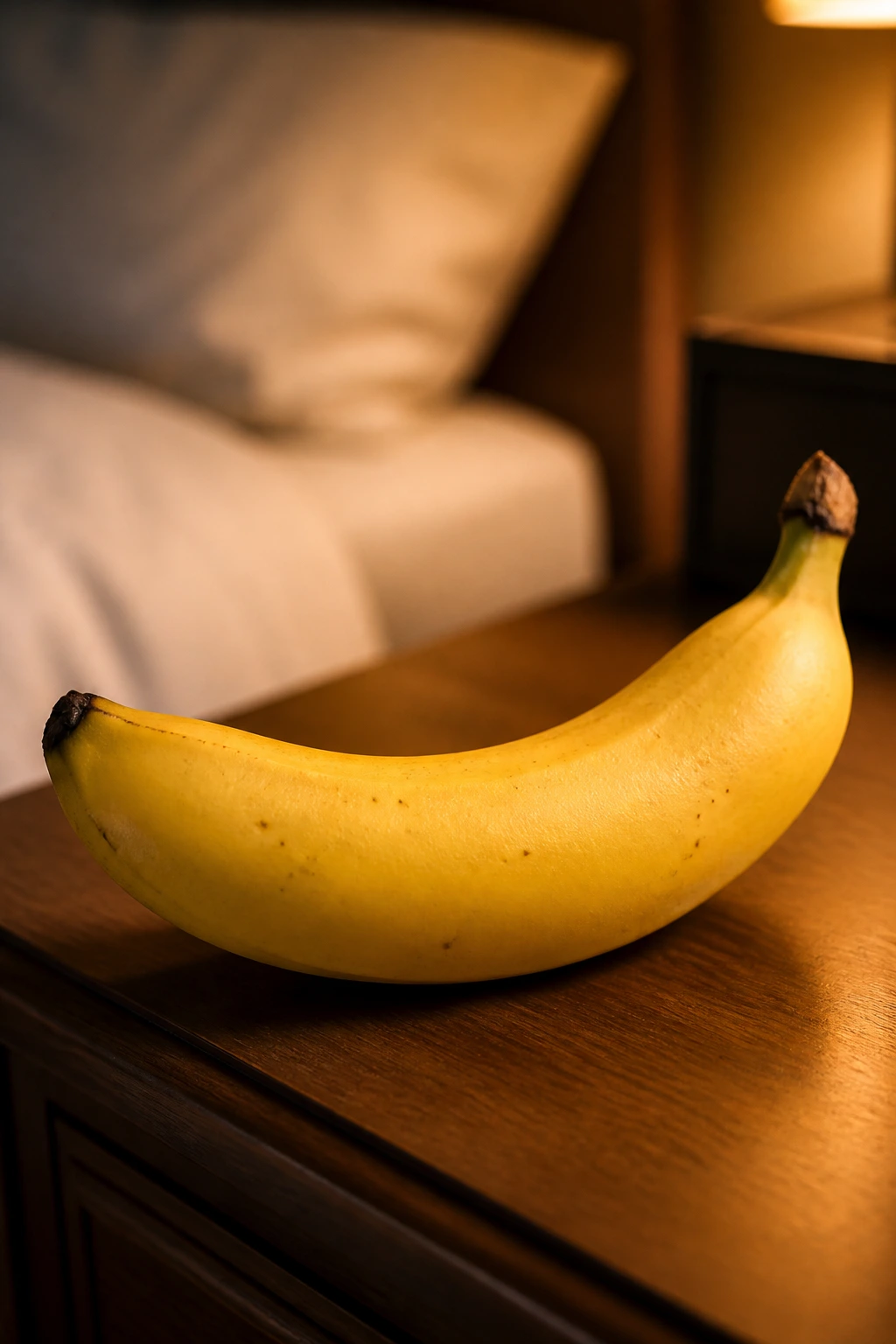Close-up of a ripe banana on a nightstand with warm bedroom light