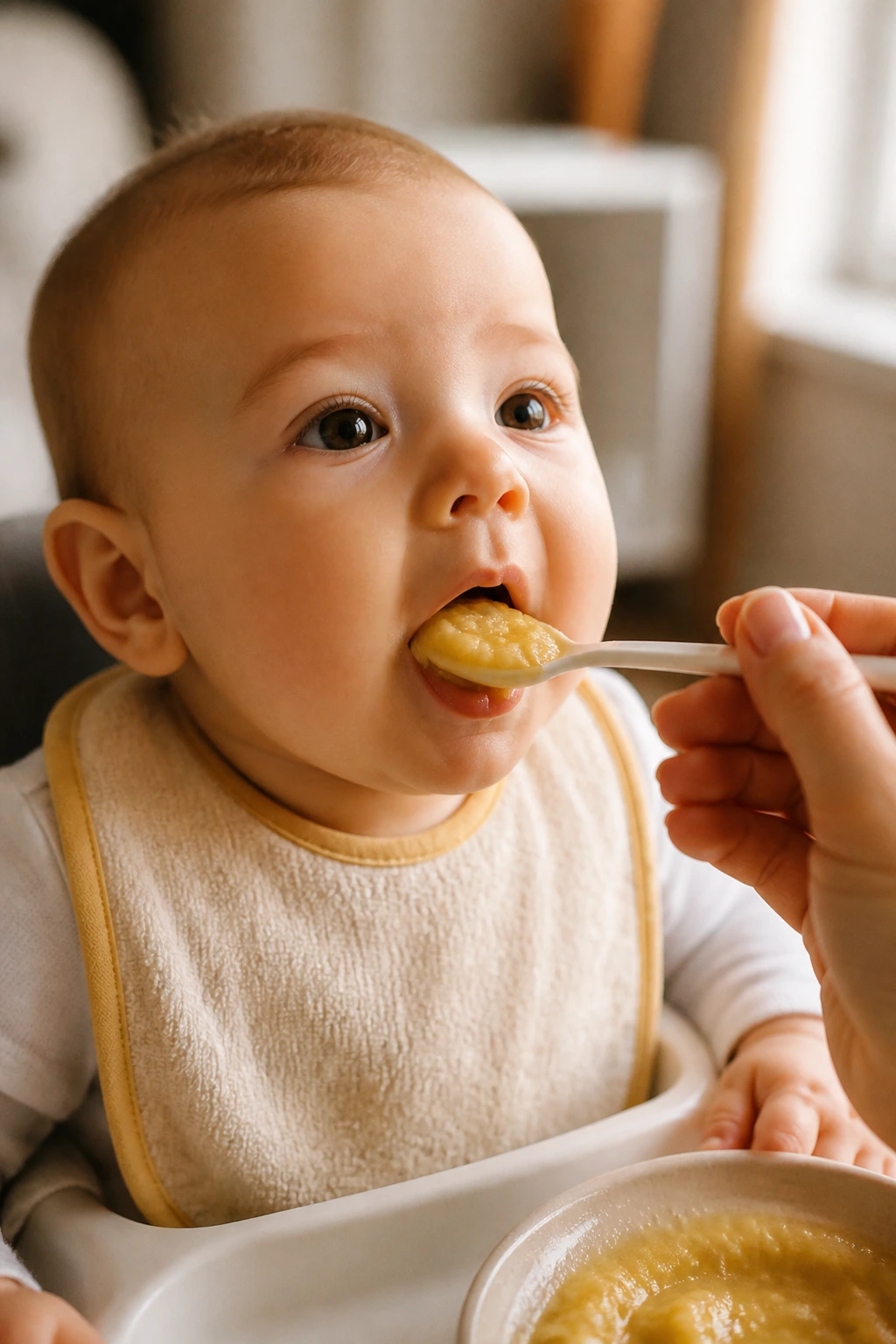 Baby being fed mashed banana with a spoon in a cozy dining area.