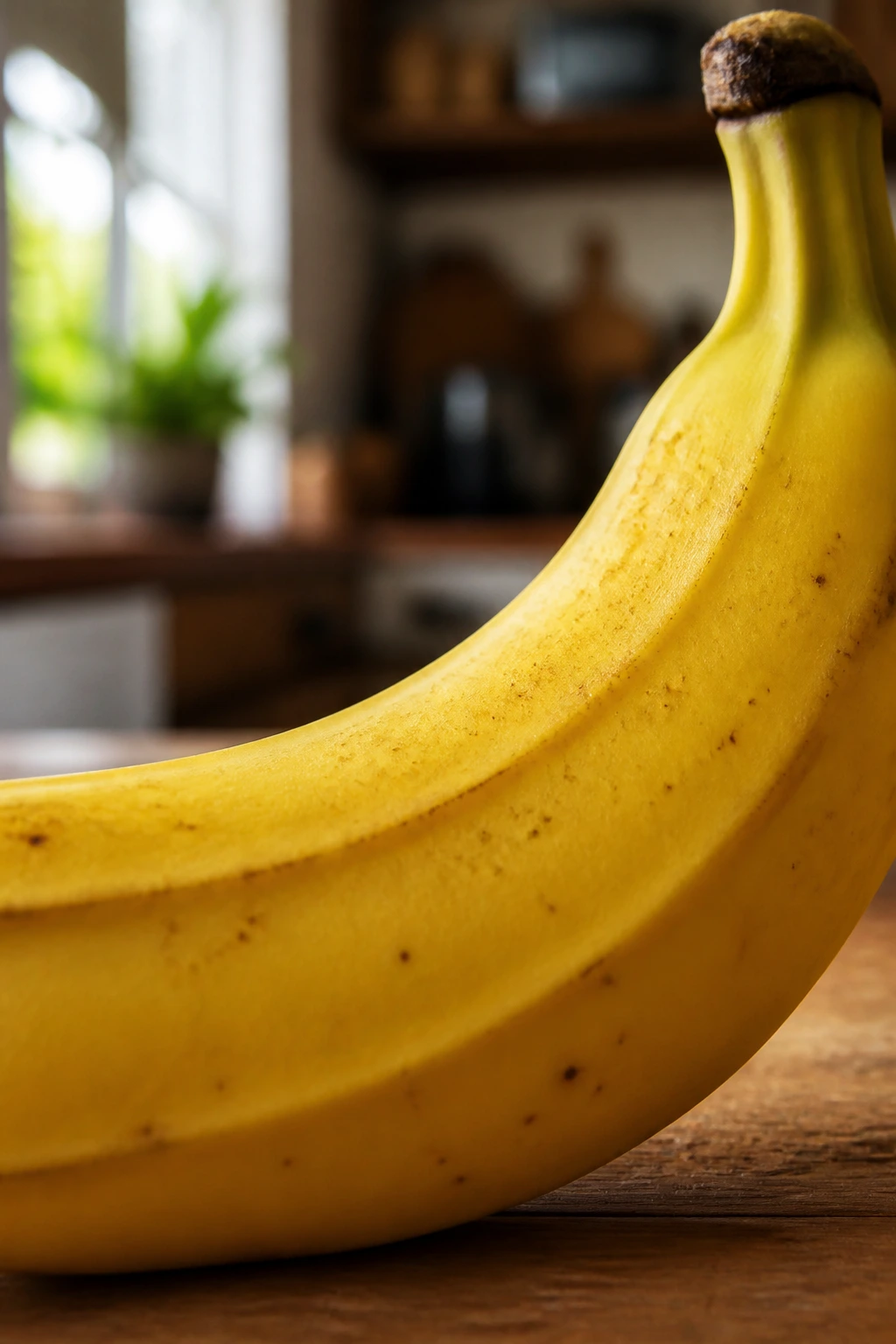 Why Are Bananas So Sweet And Delicious? 3 Close-up of a ripe yellow banana filling the frame on a wooden kitchen counter