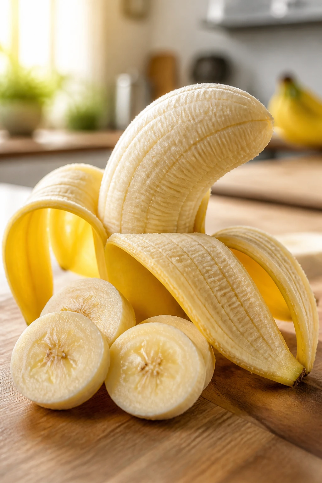 Are Bananas Good For Muscle Growth? What You Need to Know 4 Close-up of a peeled banana on a bright wooden surface
