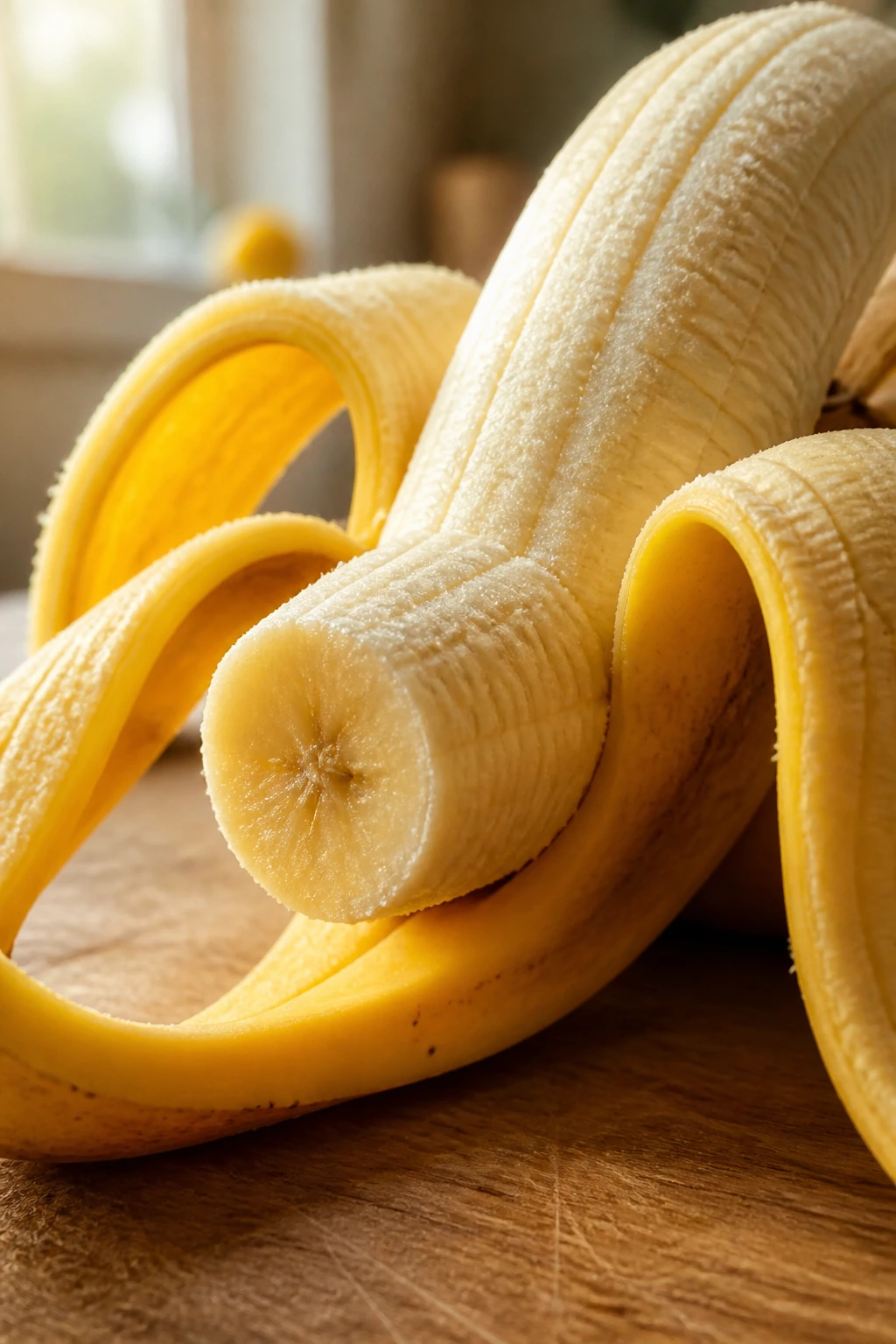 Close-up of a ripe banana, half-peeled on a wooden kitchen counter.