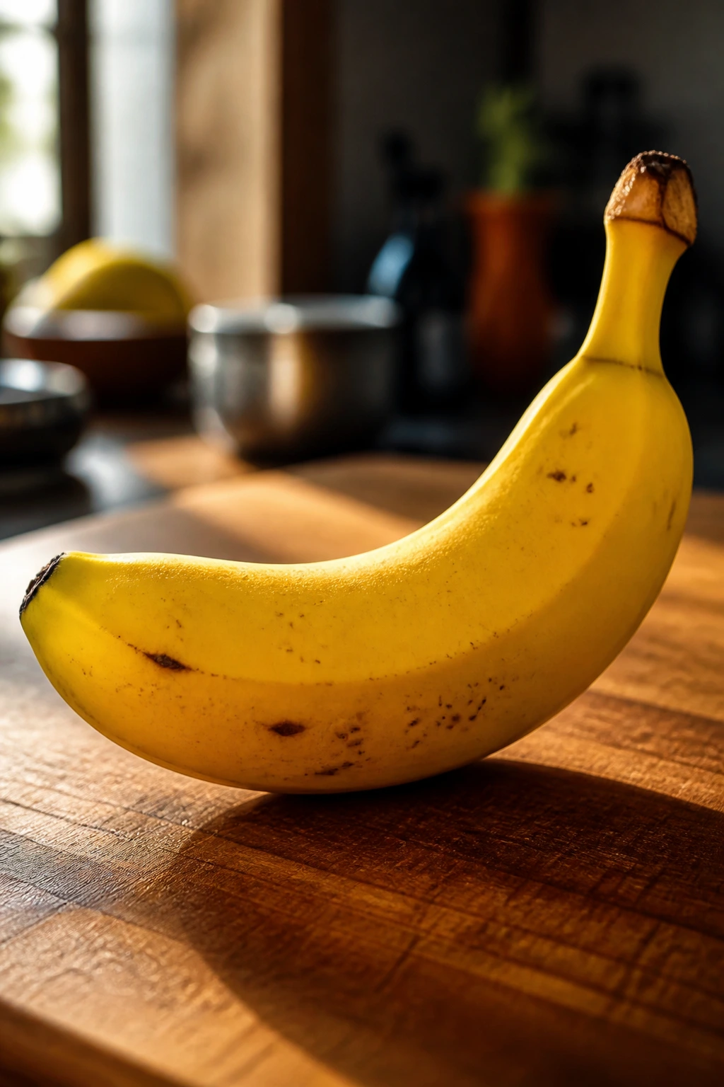 Are Bananas Good For Muscle Growth? What You Need to Know 3 Close-up of a single ripe banana on a cutting board in warm light