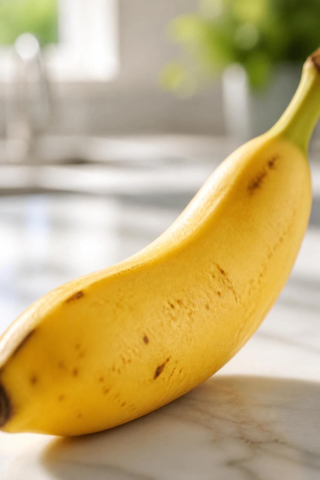 Close-up of a single banana on a bright kitchen counter