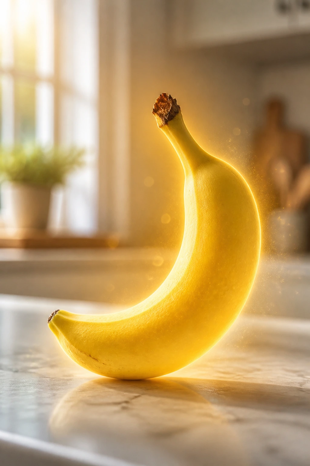 Close-up of a single banana with a soft glow in a clean kitchen