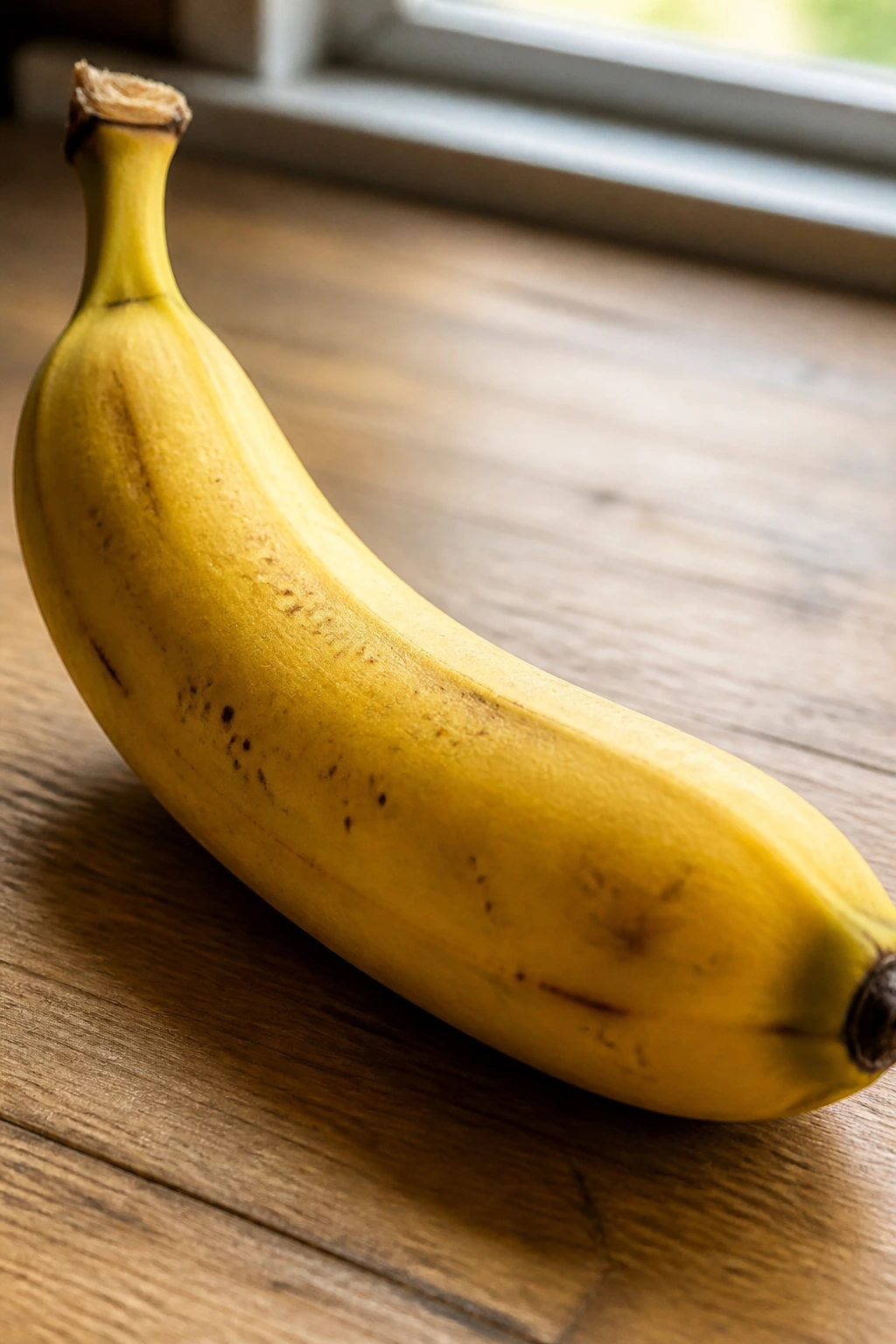 Bananas and Body Weight: Can Bananas Make You Fat Or Slim? 1 Close-up of a banana on a wooden kitchen counter, highlighting banana nutrition and fiber