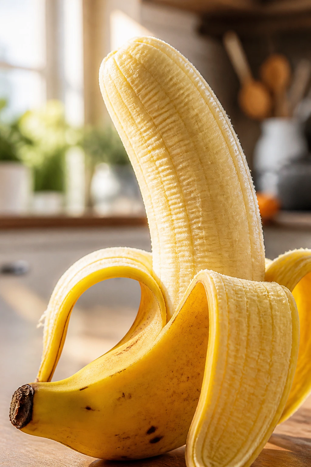 Close-up of a ripe banana filling the frame on a warm kitchen counter.