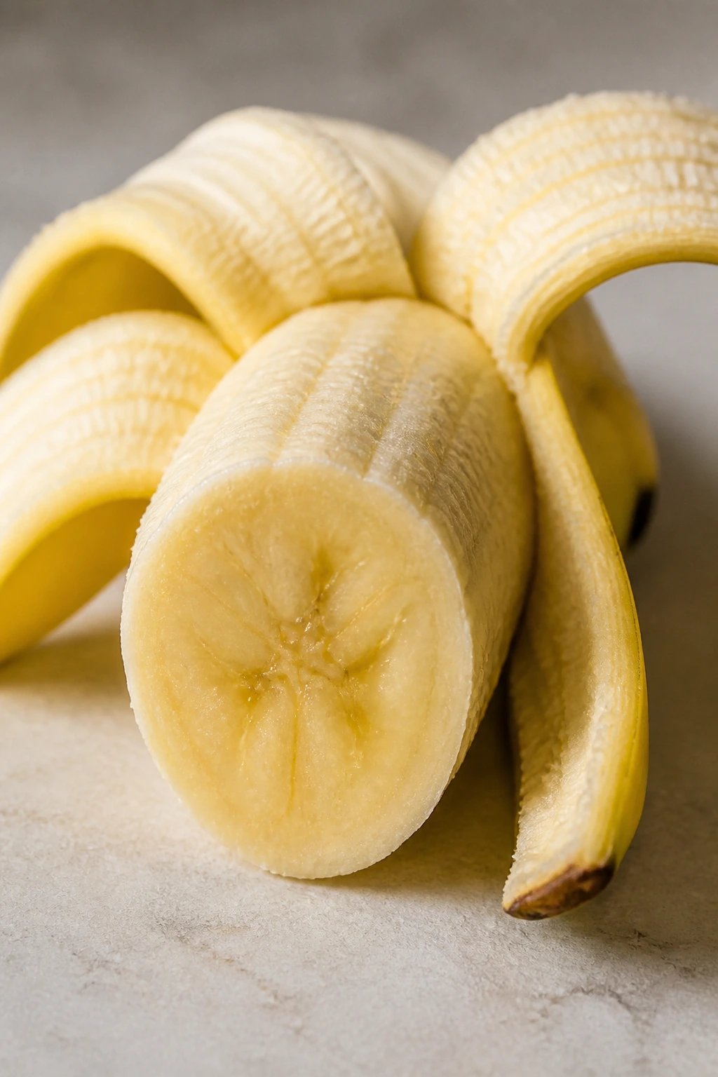 Peeled banana half showing creamy flesh, highlighting nutrition