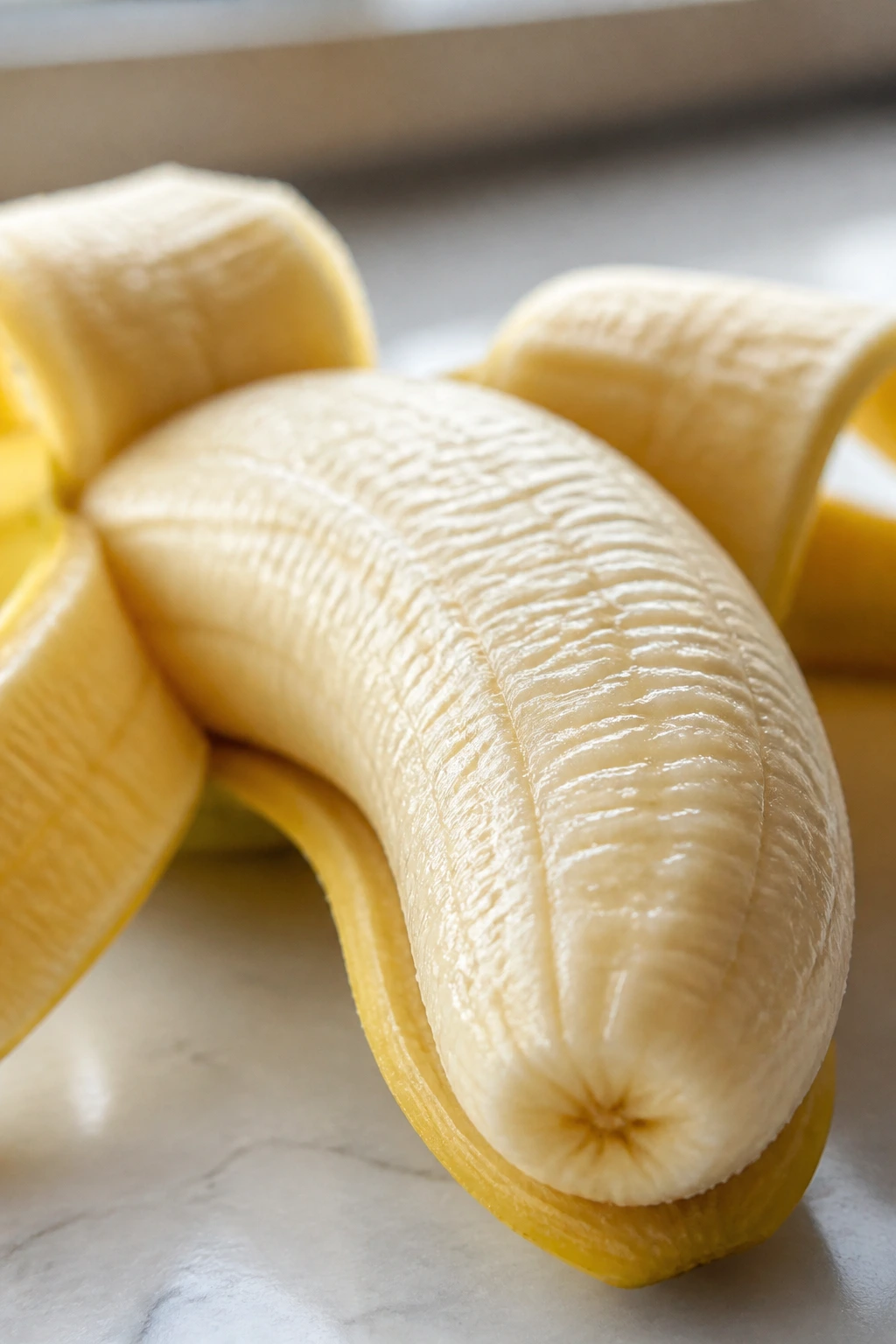 Close-up of a peeled banana showing the inner flesh