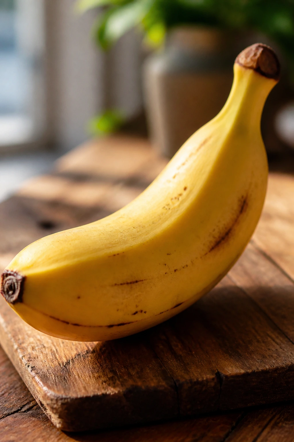 Are Bananas Good For Runners? All You Need To Know 3 Close-up of a ripe banana on a wooden cutting board in warm kitchen light