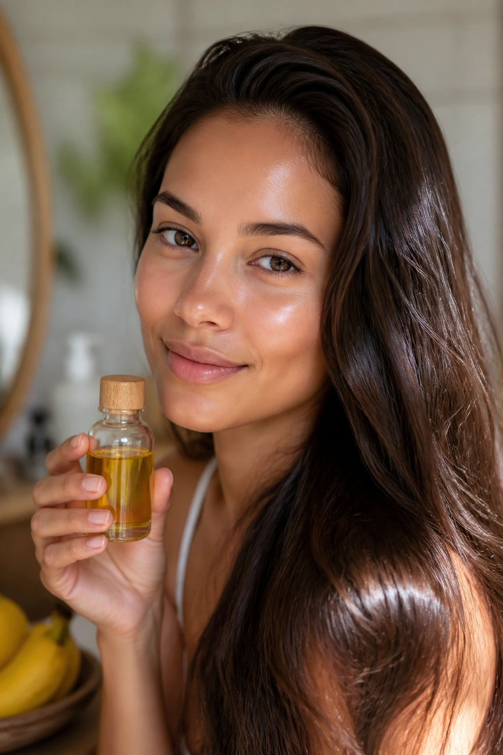 Portrait of a real woman with dewy skin and glossy hair