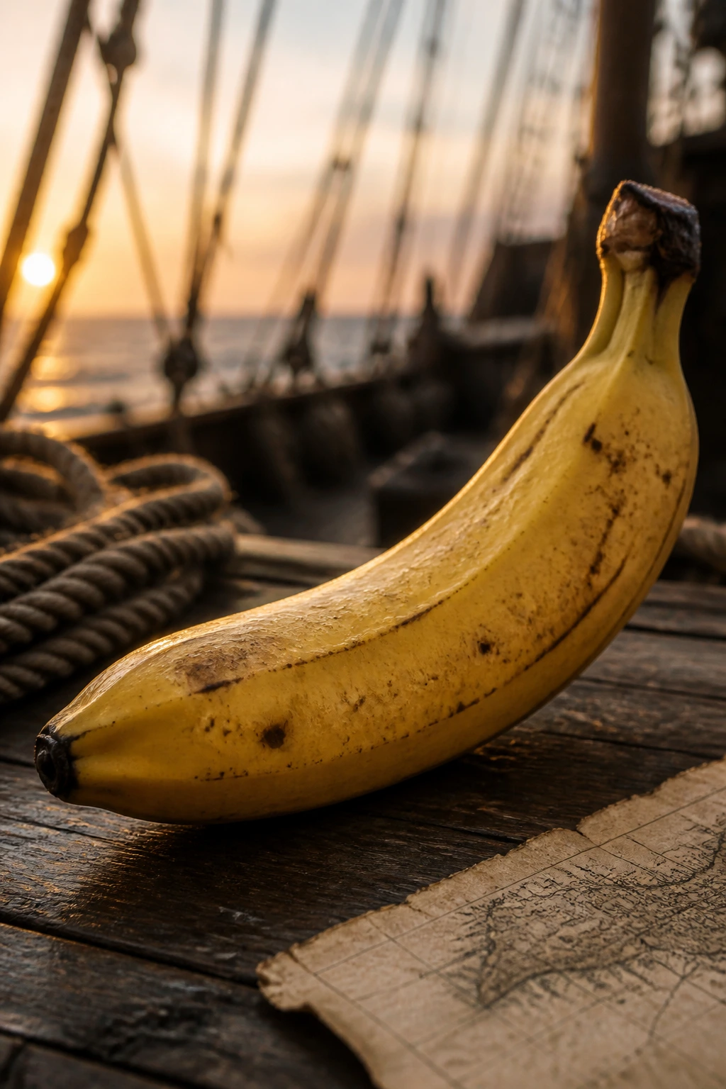 Sailing Folklore: Are Bananas Bad Luck On A Boat? 1 Close-up of a ripe banana on a weathered ship deck with a faded map in the background