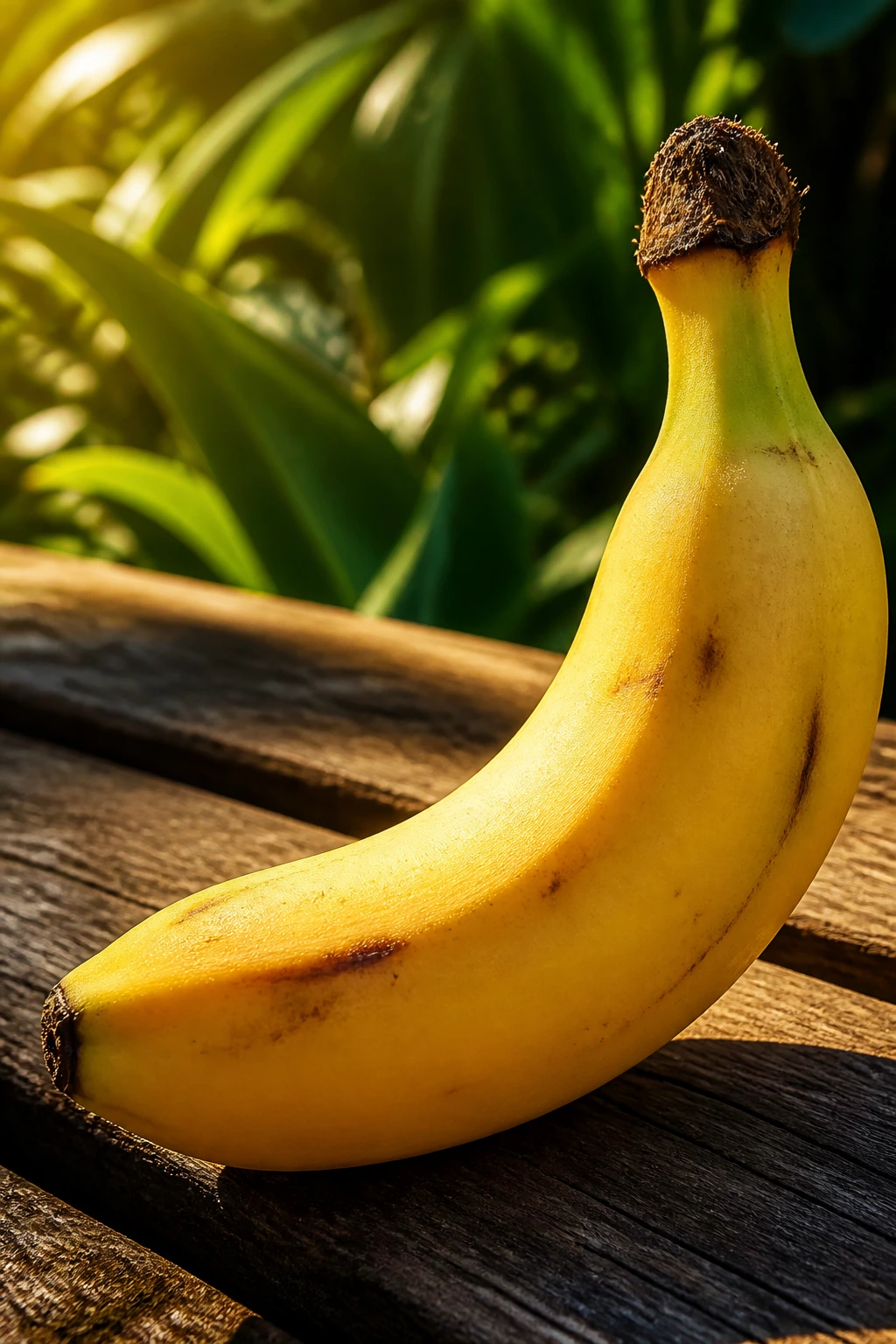 Banana on outdoor bench with tropical leaves in background