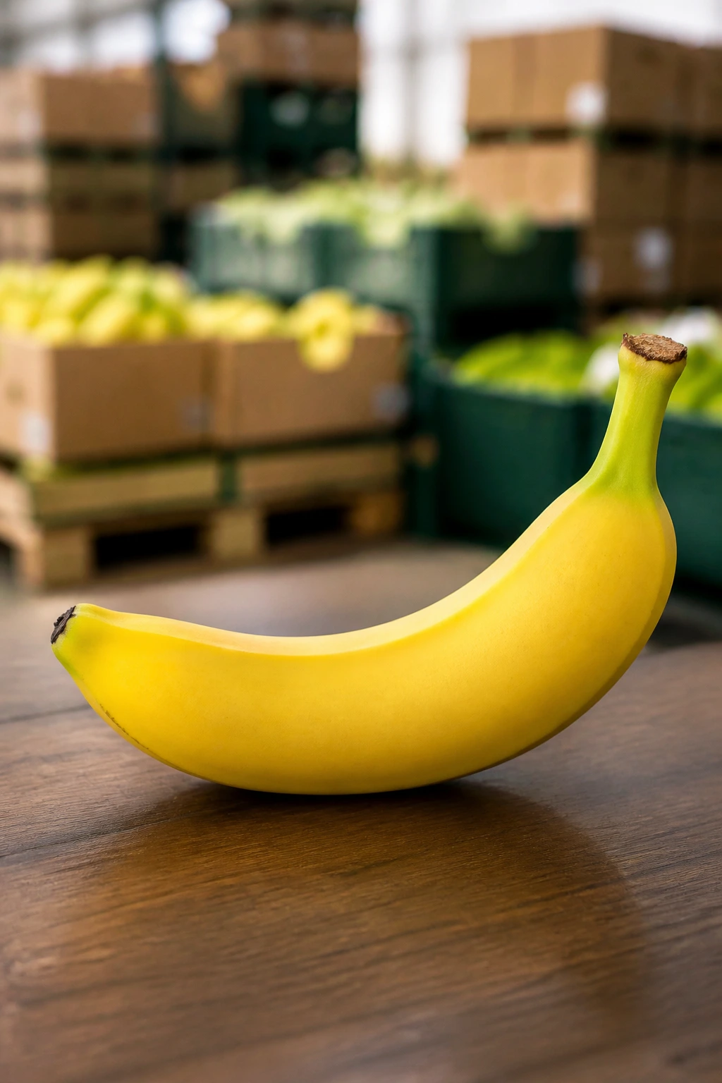Curved banana on a wooden surface with blurred packaging backdrop.