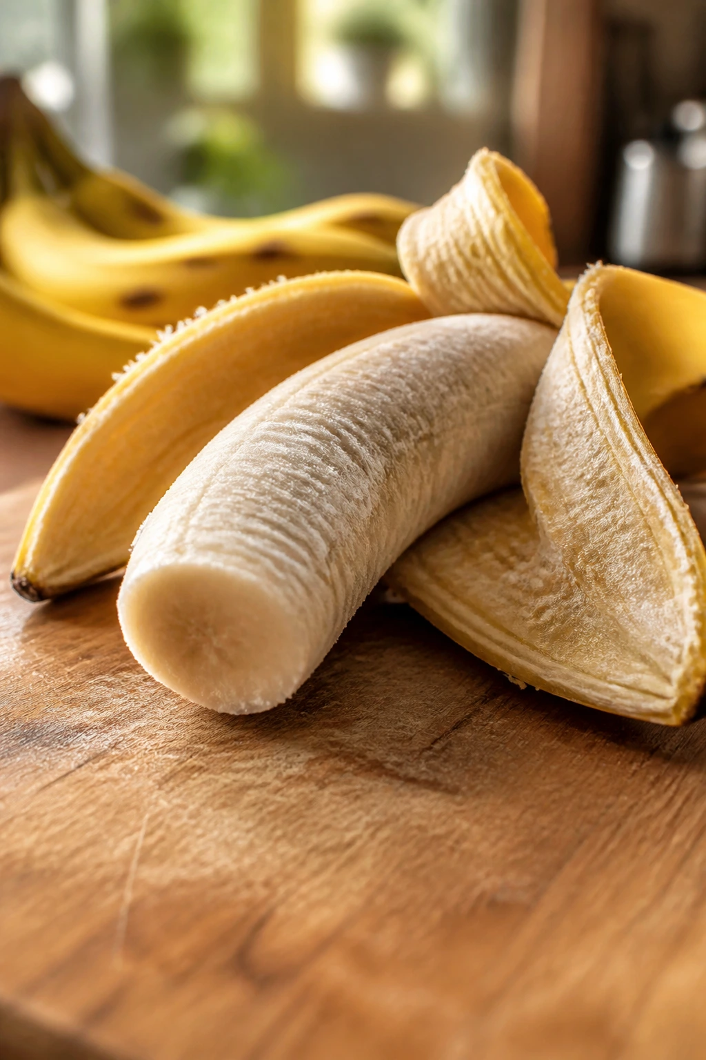 Thawing 101: How To Thaw Frozen Bananas Properly 6 Partially peeled banana on cutting board