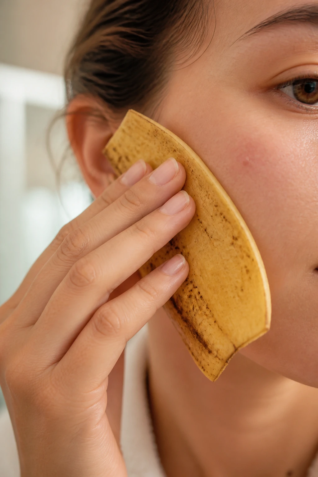 Banishing Breakouts: Are Banana Peels Good For Acne? 5 Banana peel applied to acne on cheek in a real person portrait