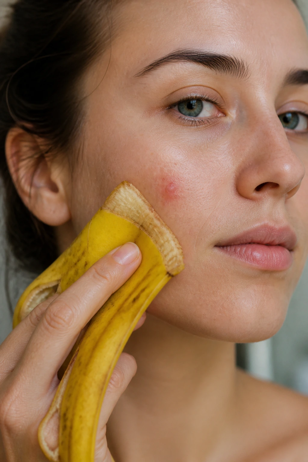 Banishing Breakouts: Are Banana Peels Good For Acne? 2 Person applying banana peel to acne on cheek in a natural-lit bathroom