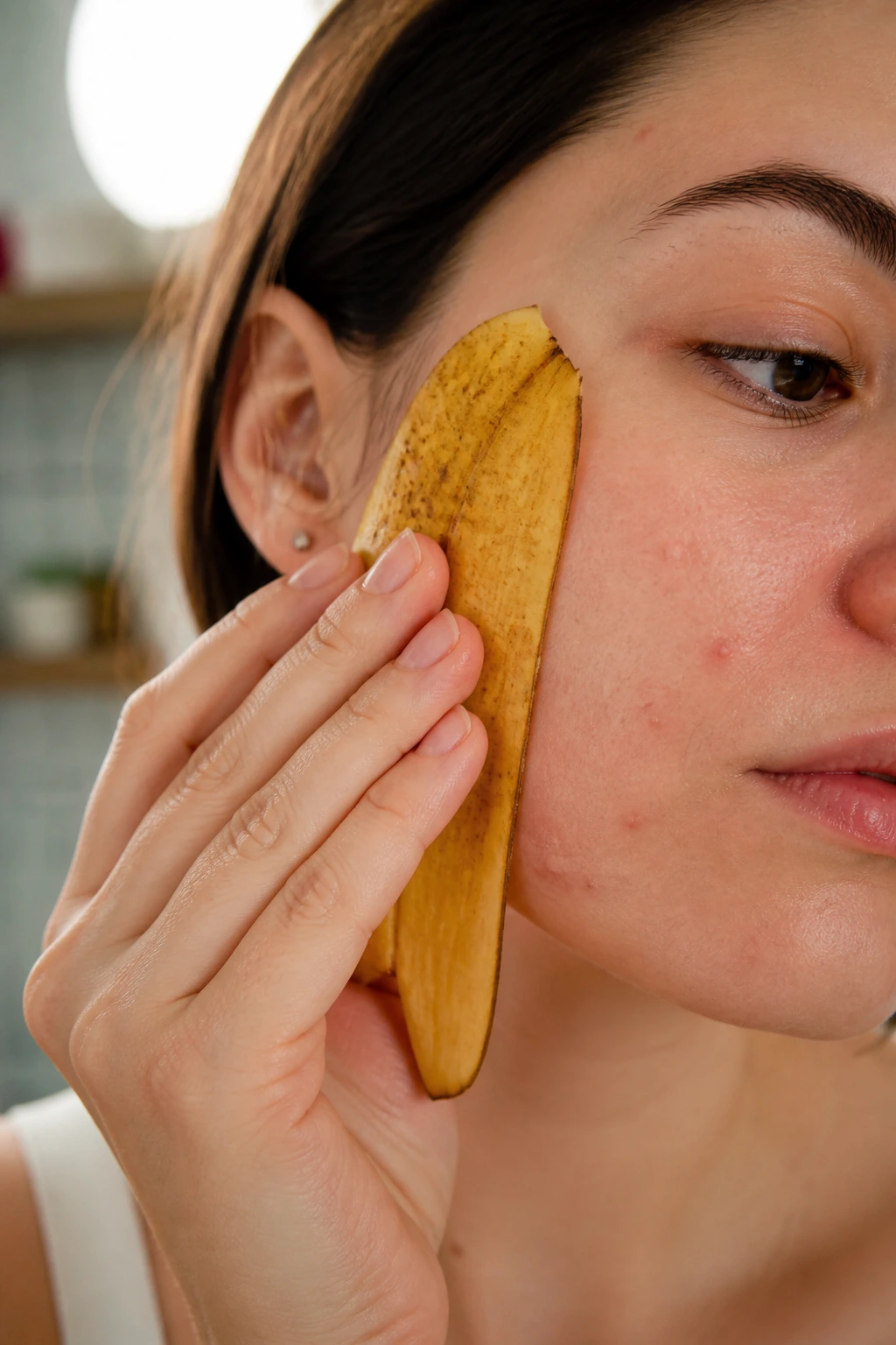 Banishing Breakouts: Are Banana Peels Good For Acne? 6 Banana peel applied to acne on cheek in a real person demonstrating usage